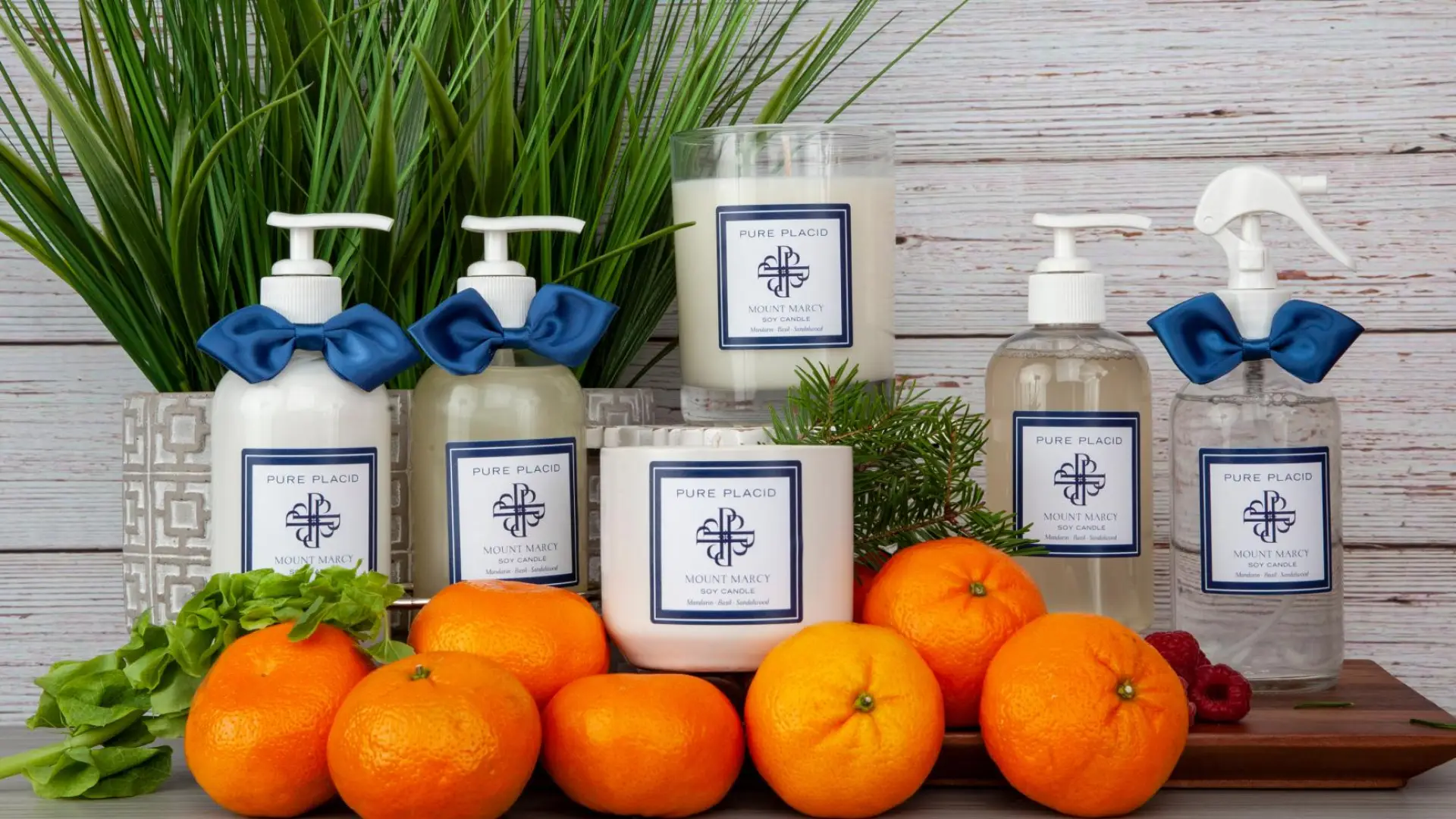 A display of Pure Placid body products in pump and spray containers