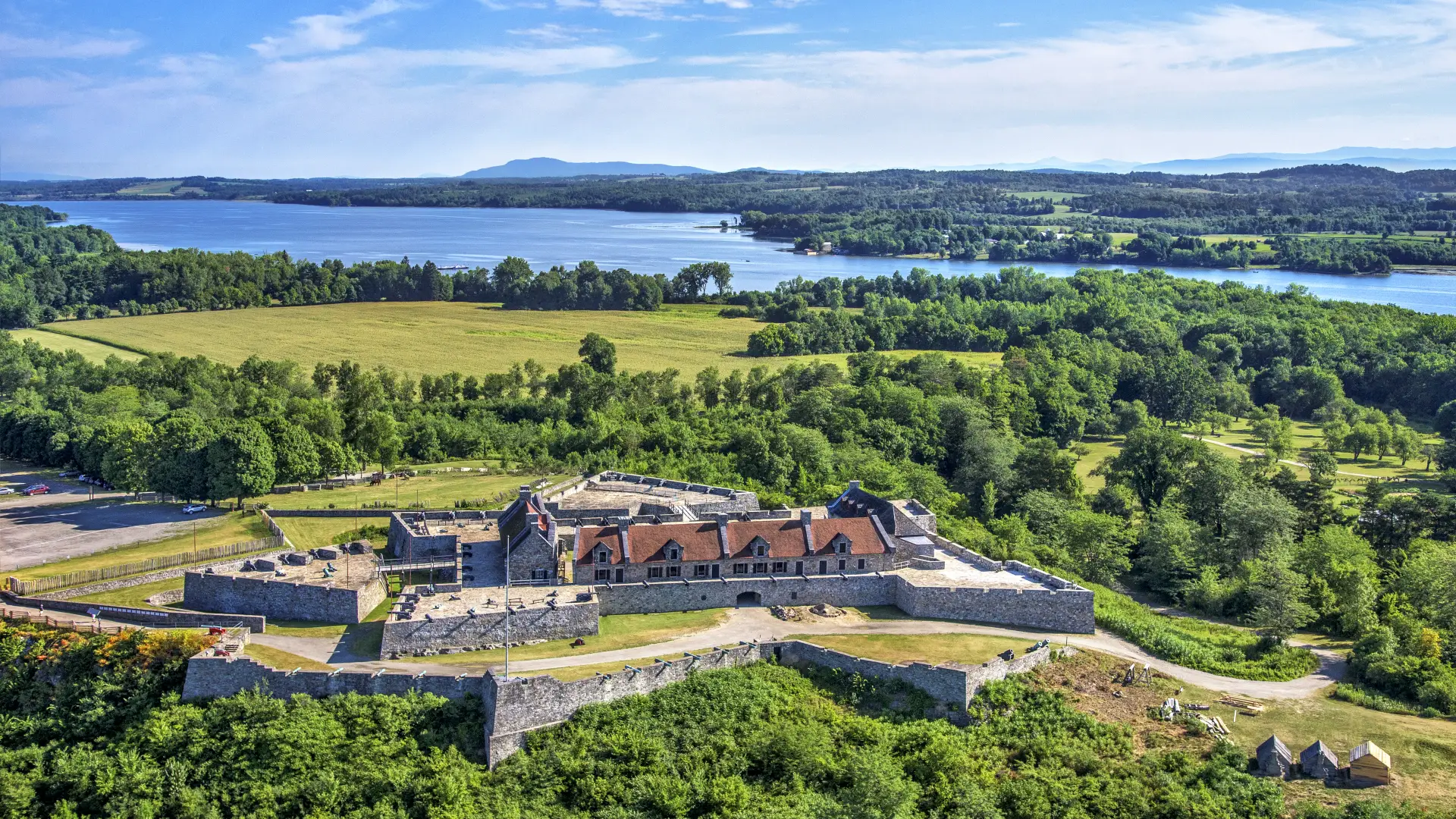 An aerial view of Fort Ticonderoga with the waters of Lake Champlain behind