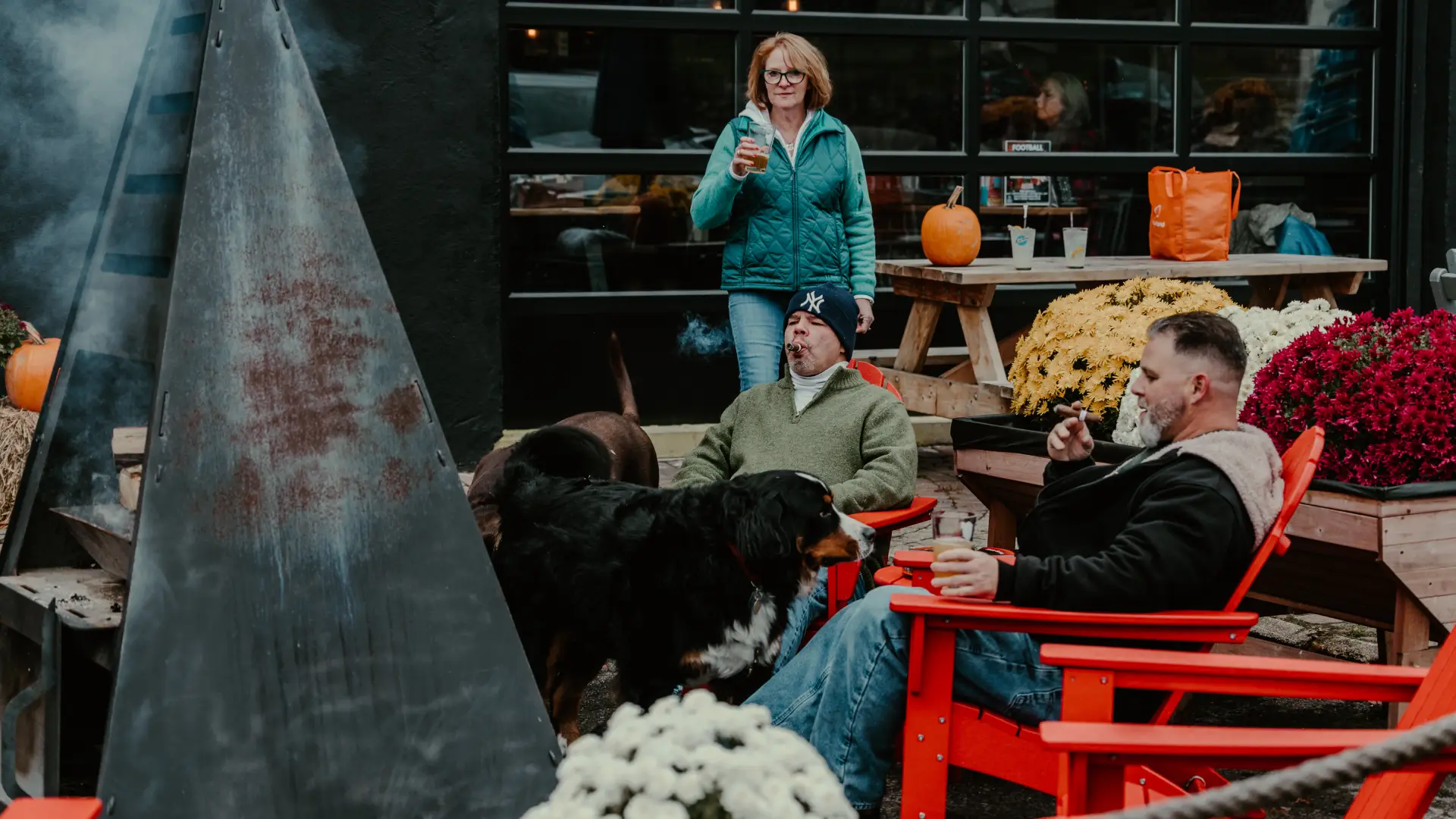 The outdoor dog-friendly space with fire towers makes it fun year round.  Photo Credit to A. Kelly.