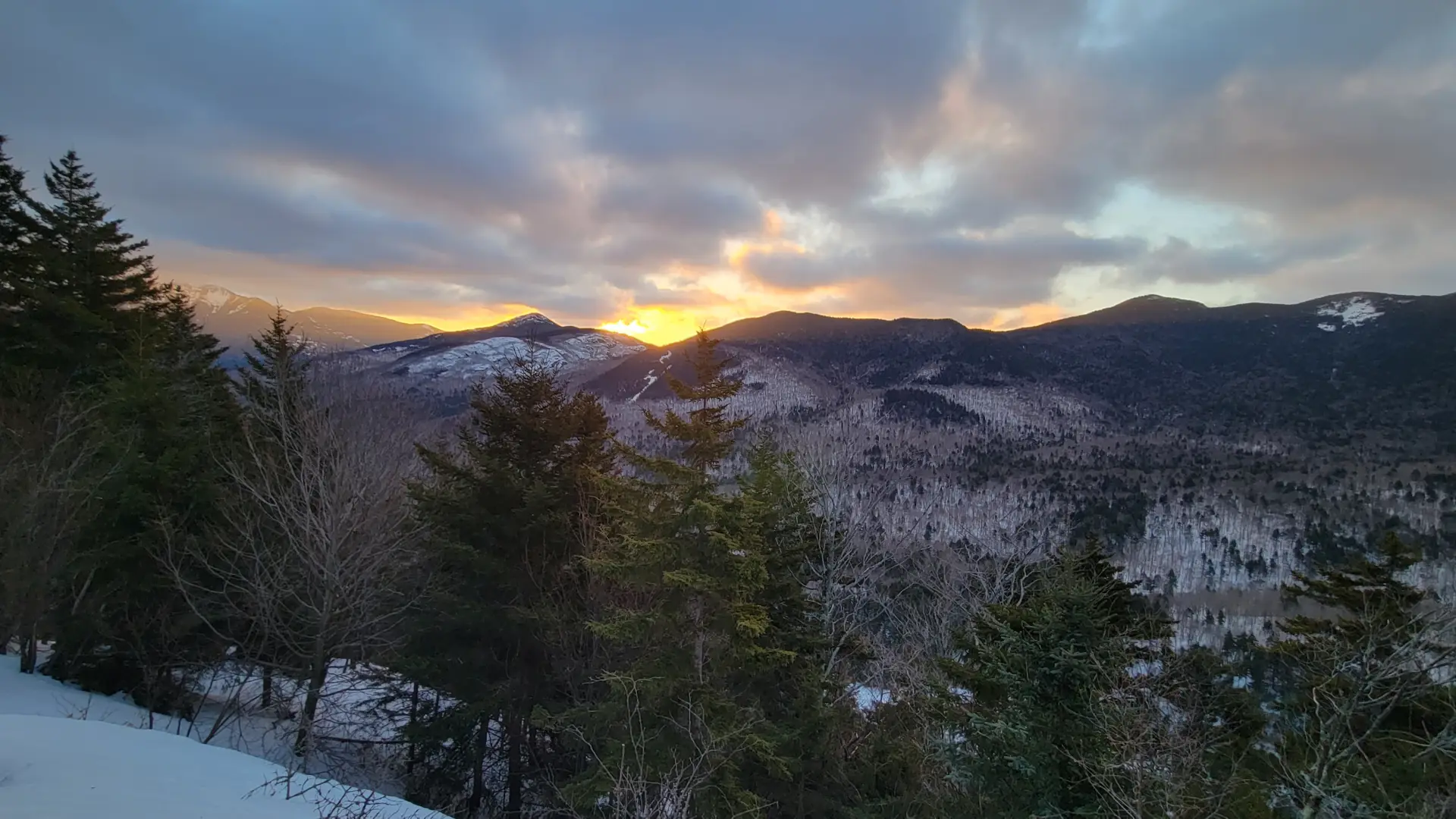A sunrise view of snowy, evergreen-covered peaks