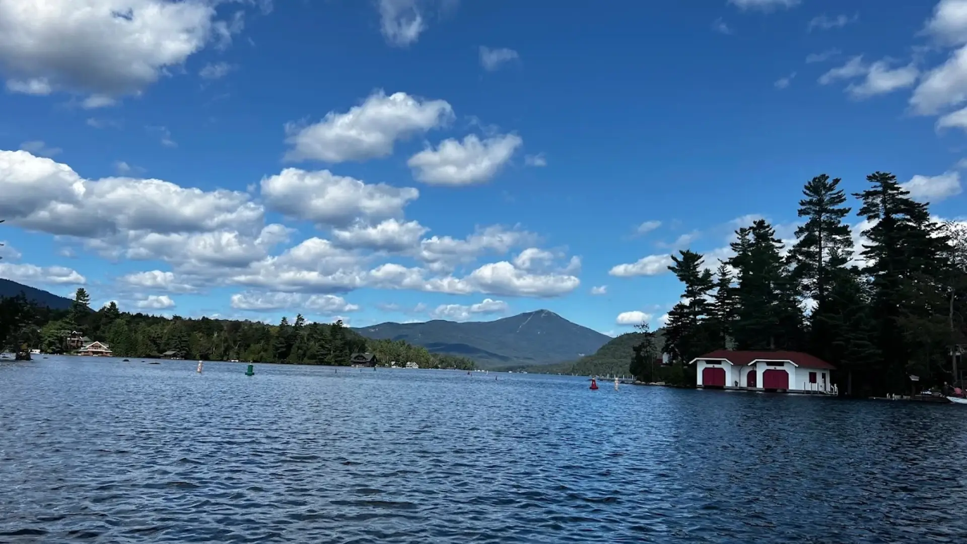 The view of Lake Placid and surrounding mountains from Paradox Bay Marina.