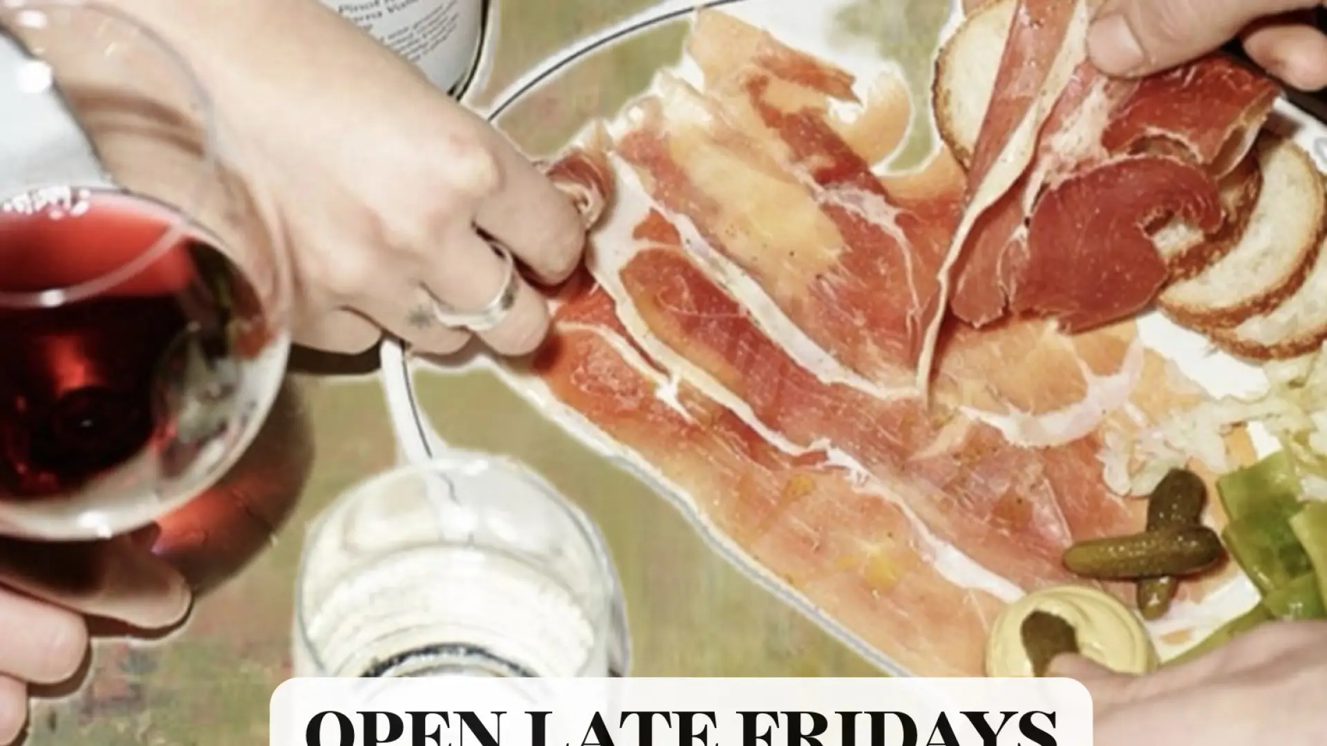 Poster for Aperitivo Hour at Capisce Coffee & Espresso, with people's hands grabbing prosciutto amid a table of wine and water