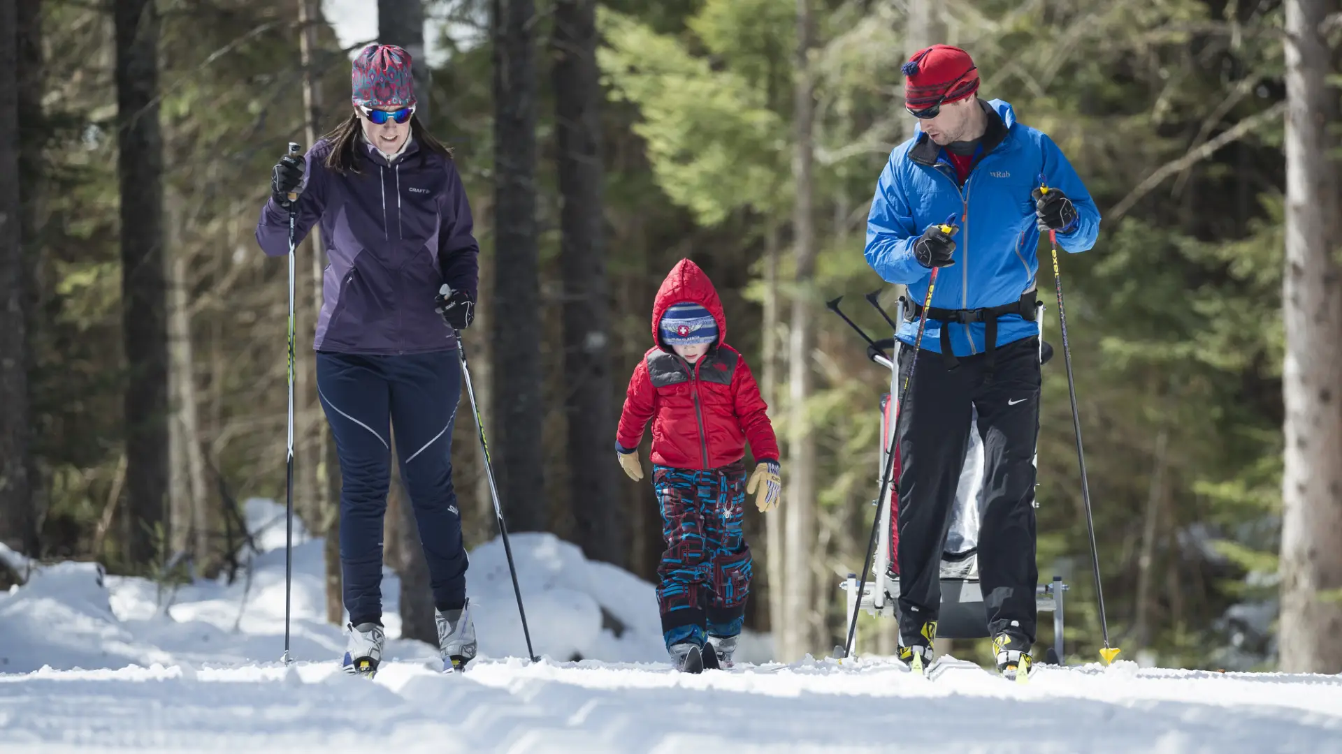 Two adults and a child cross-country ski