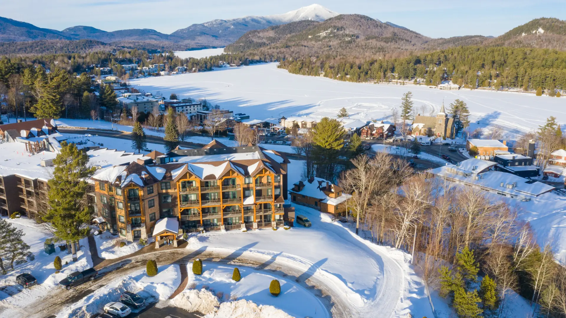 Drone view of winter in Lake Placid.