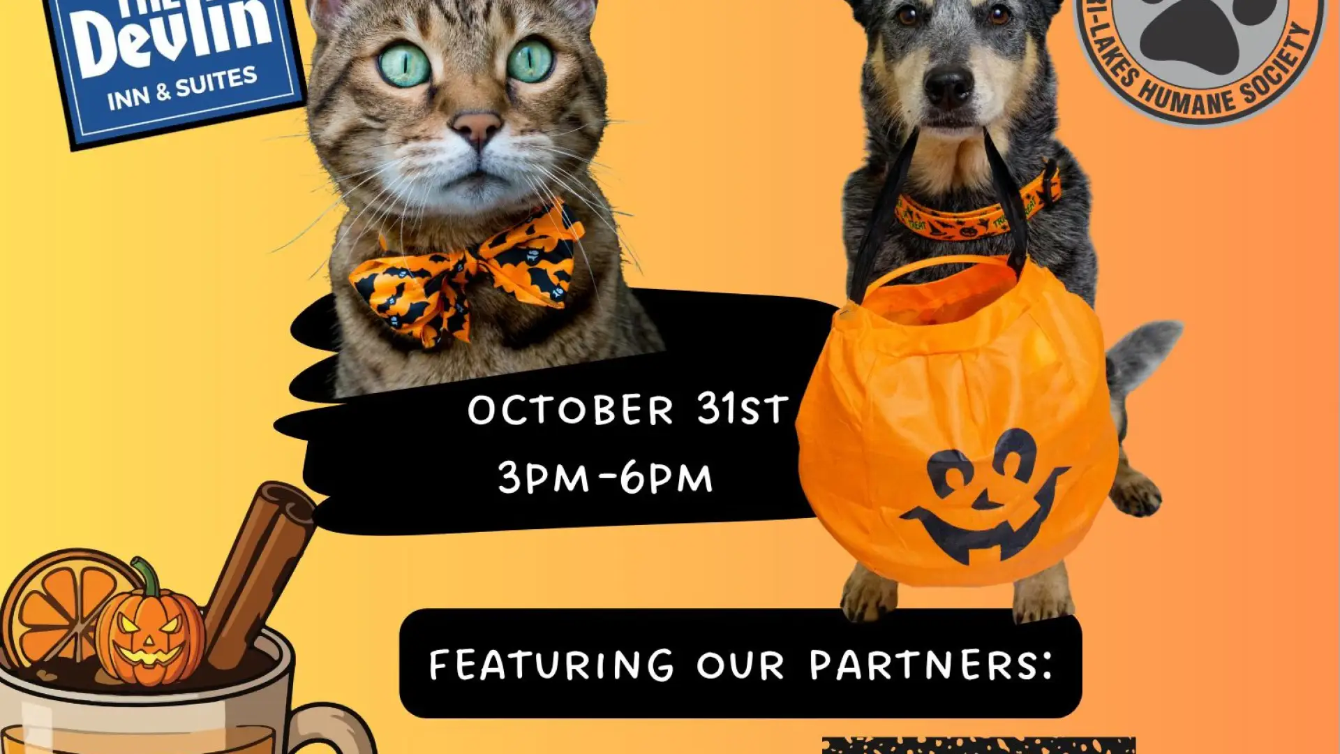 festive Halloween flyer with cat and dog dressed up 