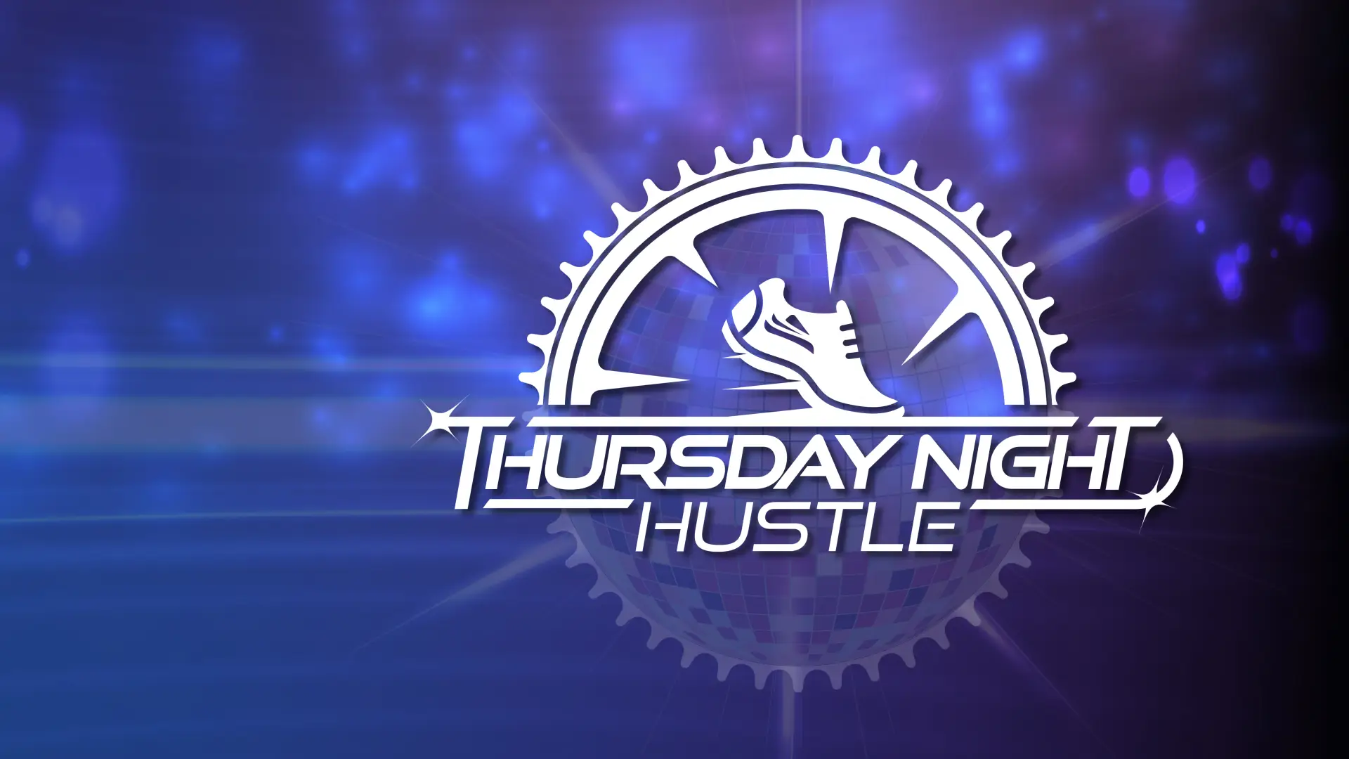 Thursday Night Hustle event logo over mottled blue and pink background