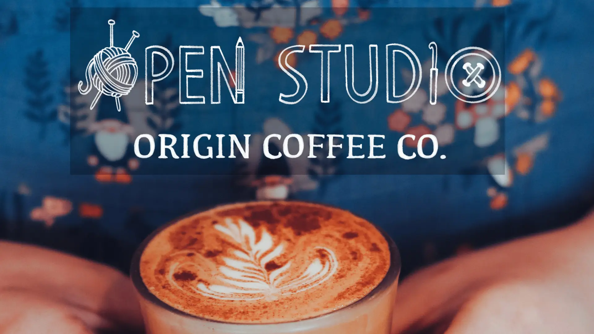 A promotional graphic features the text "OPEN STUDIO" and "ORIGIN COFFEE CO." on a background of a person holding a latte.