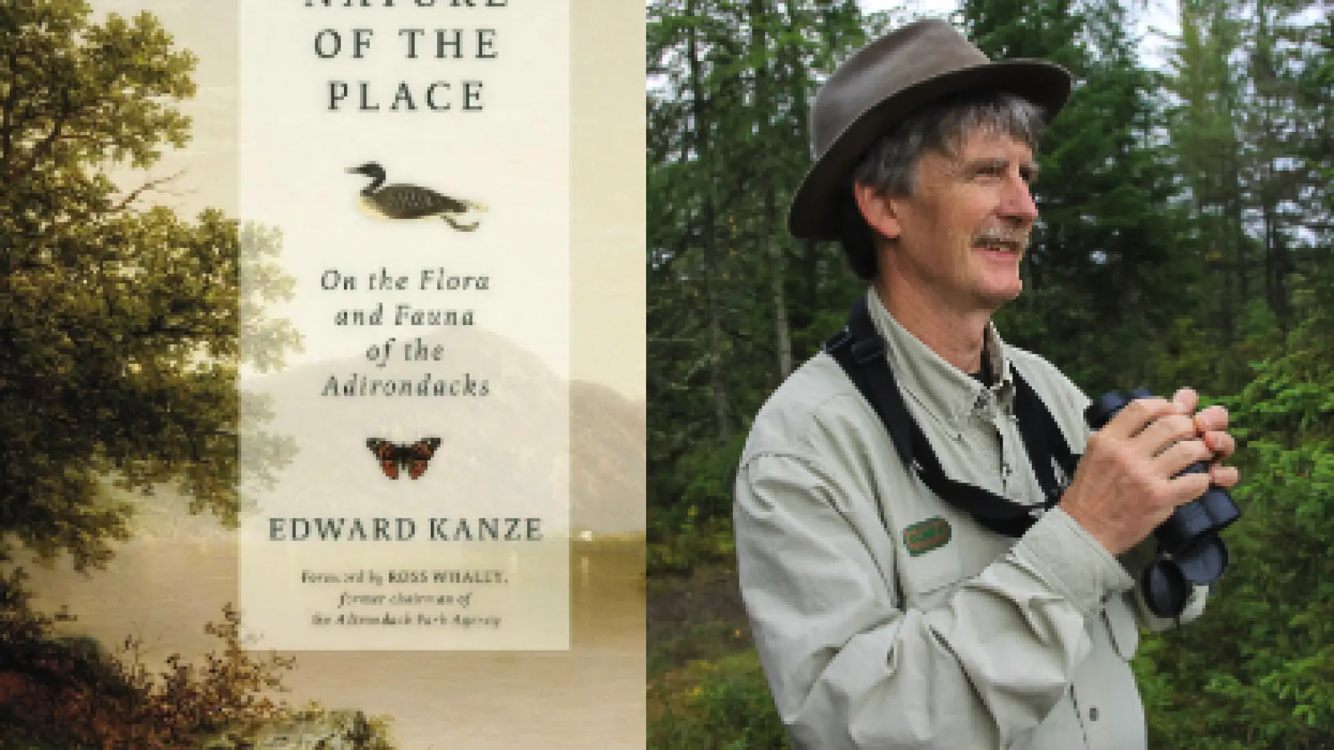 Graphic promo image of Ed Kanze standing outdoors with binoculars half held up and a text overlay about his book