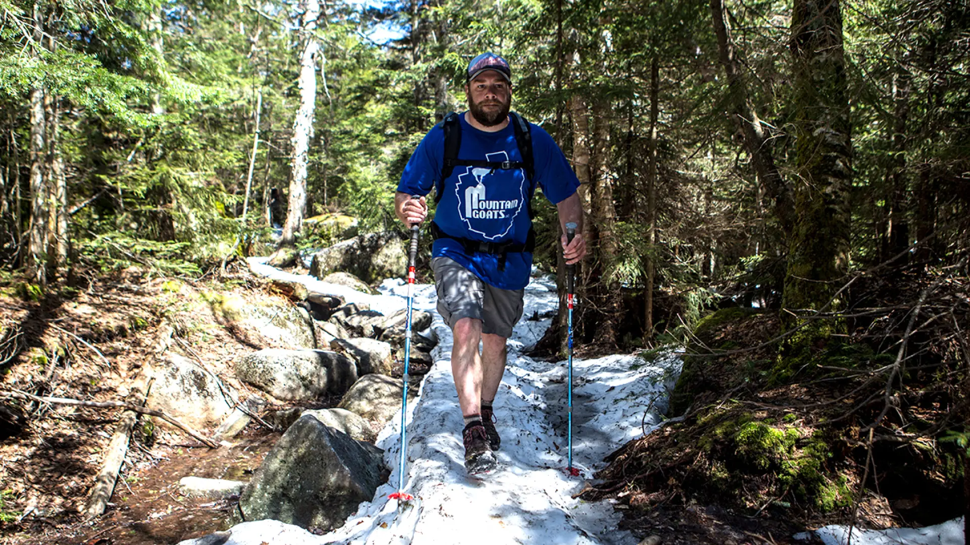 Snow often persists on trails in the High Peaks through May.