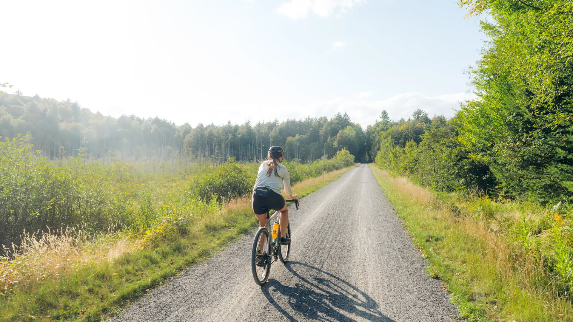 A person rides a bicycle down a long, gravel path through a lush green forest under a bright, hazy sky.