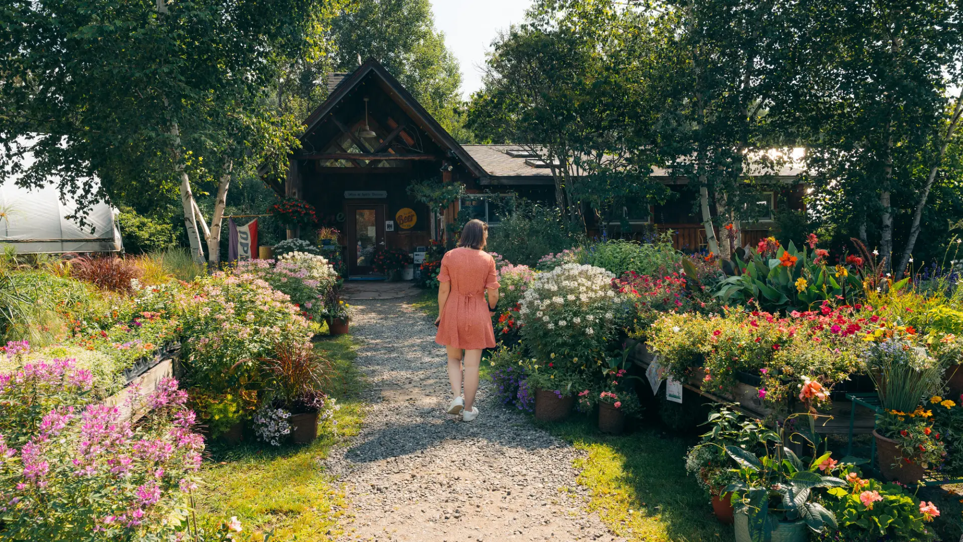 A woman in a pink dress walks down a path lined with blooming flowers toward a wooden building surrounded by lush trees.