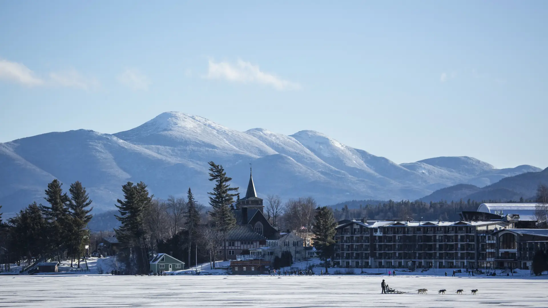 Frozen Mirror Lake in Lake Placid during the winter.