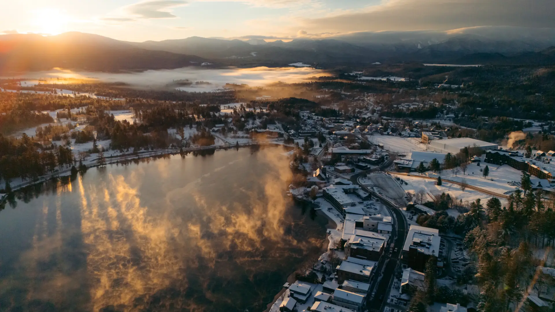 Aerial view of Lake Placid in the fall