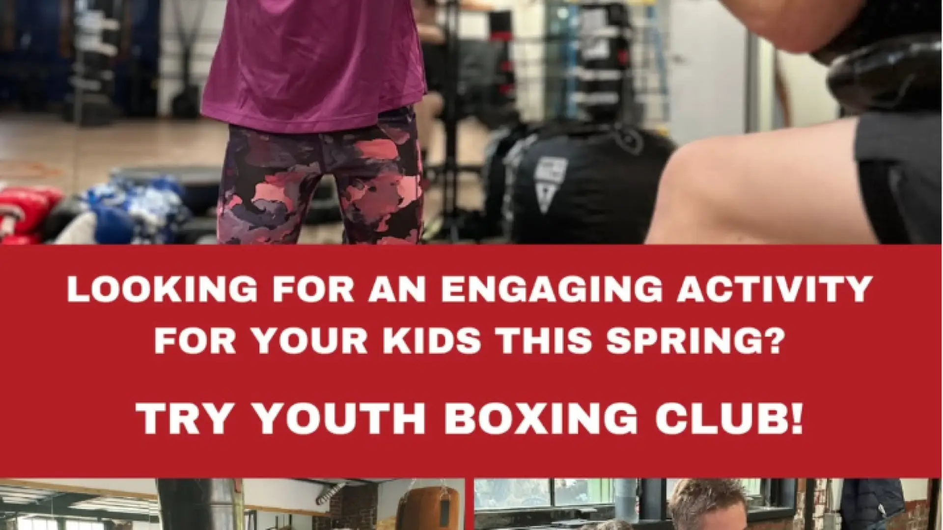 Collage of photos showing children participating in youth boxing. A girl practices boxing with a coach, another girl practices with a heavy bag, and a boy learns to wrap his hands. Text overlay promotes youth boxing club.
