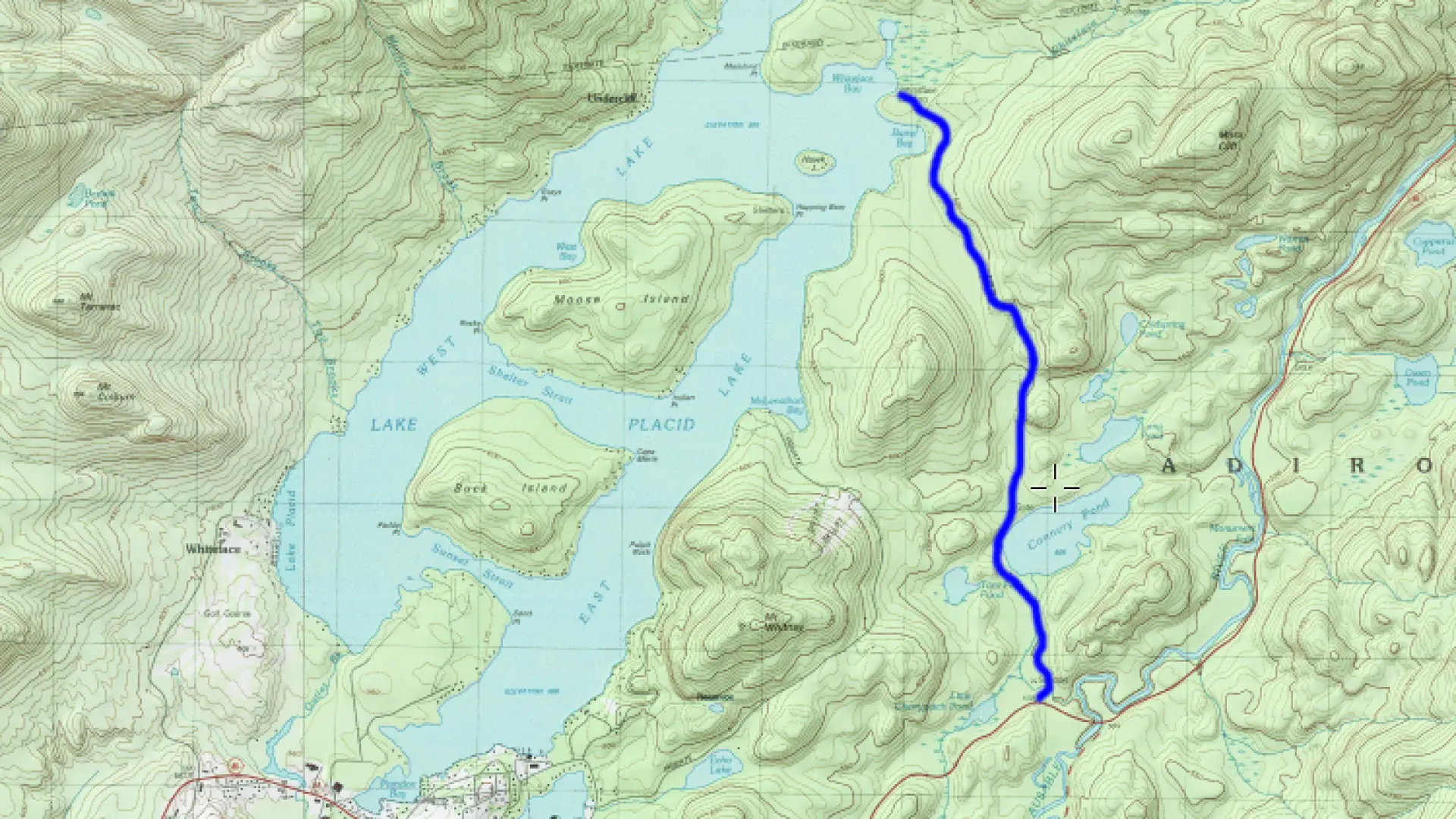 The route to Whiteface Landing highlighted in blue