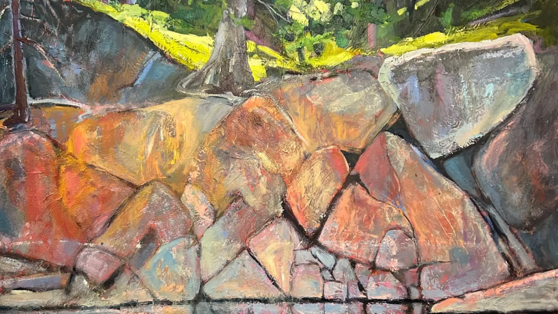 Adirondack Rocks painting of colorful rocks on shoreline between water and trees by Holly Friesen