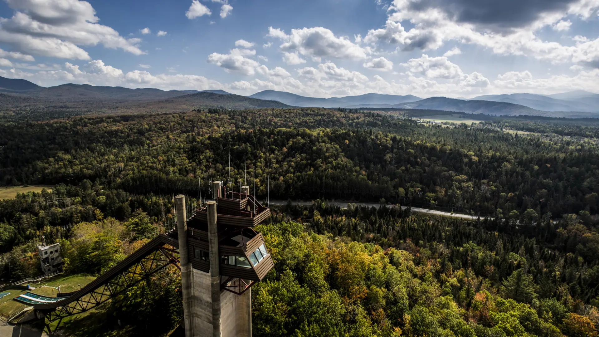 An aerial view of ski jumps