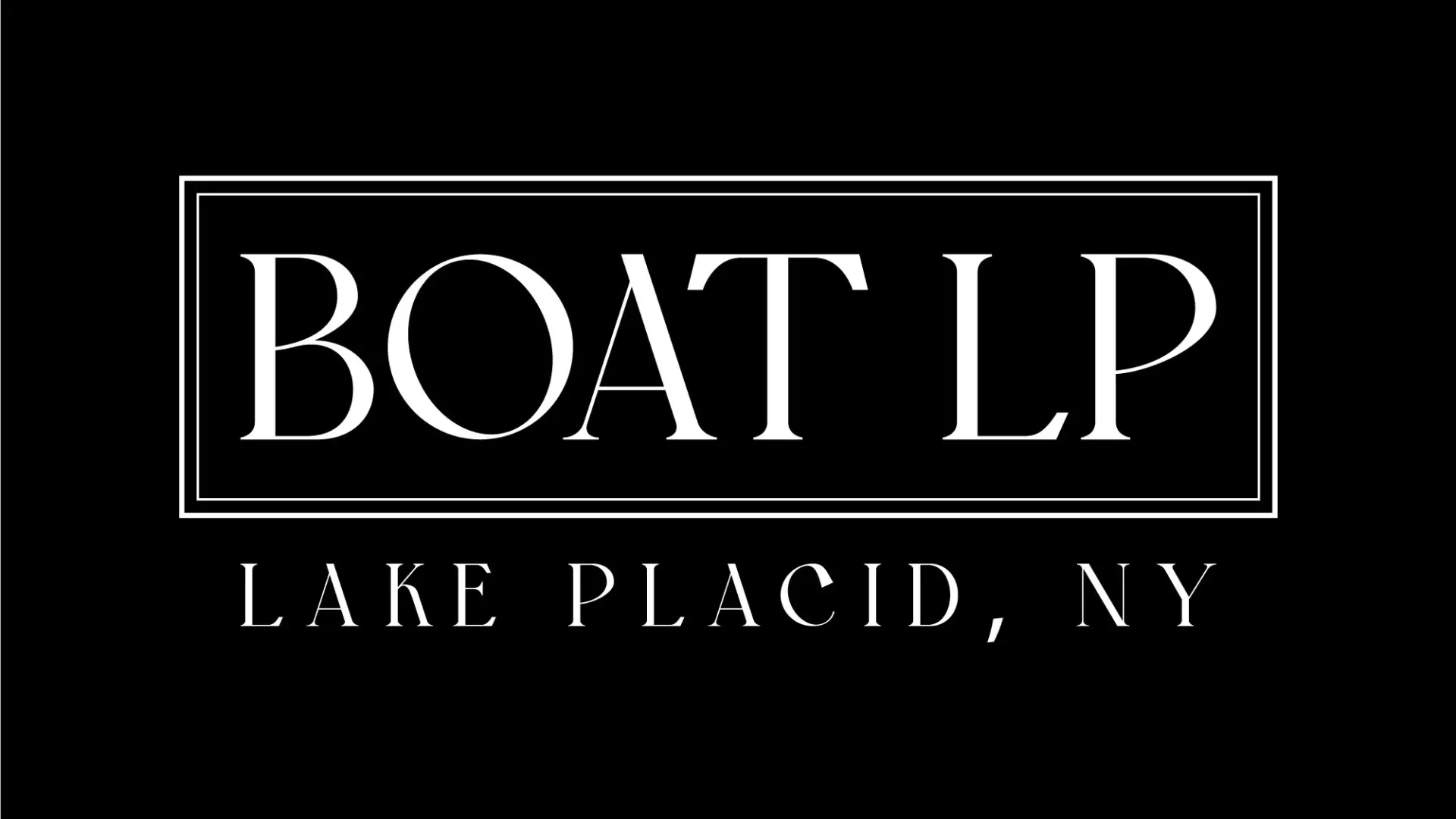 Logo for Boat LP, Lake Placid, NY.  White lettering on a black background.