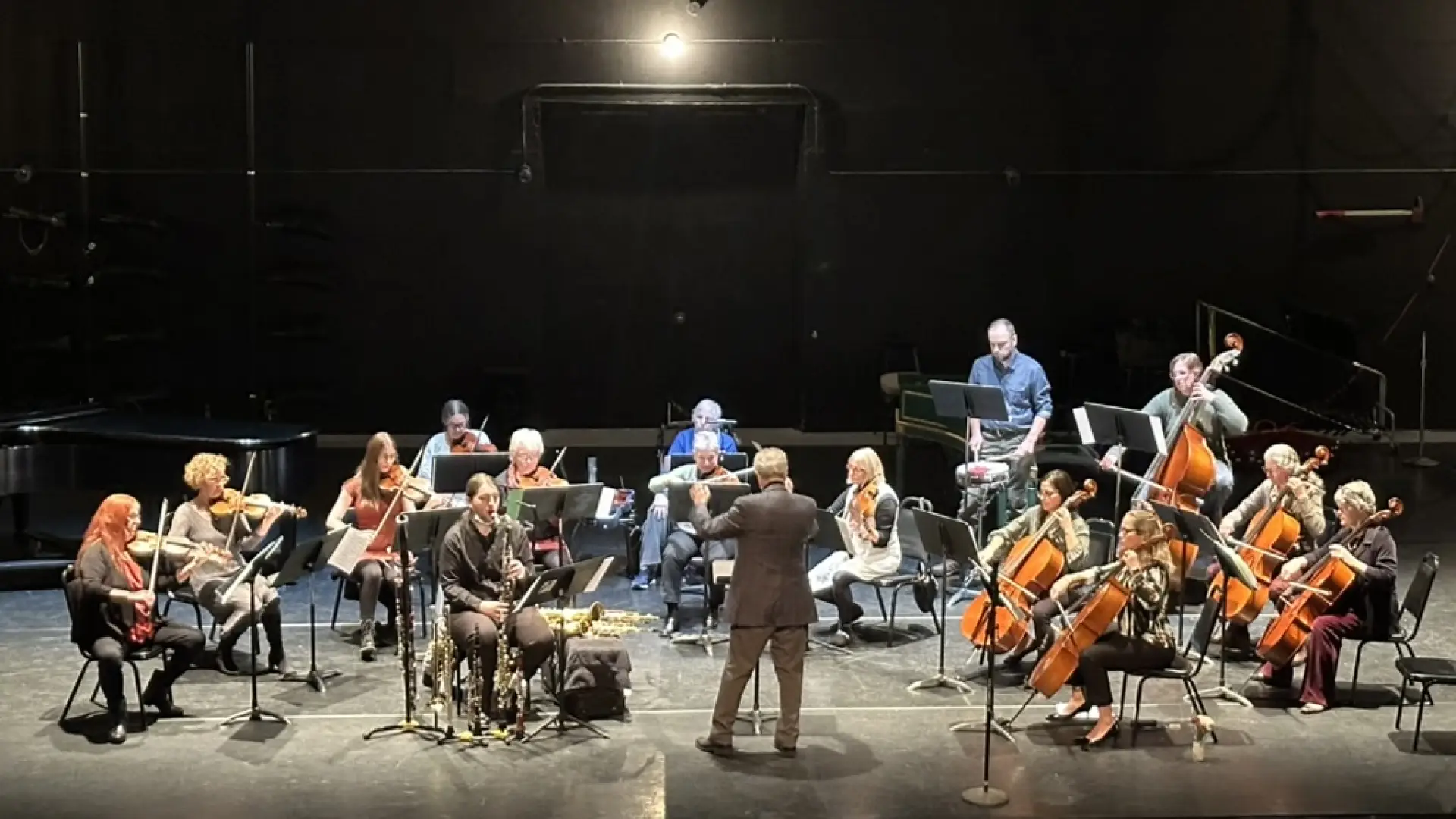 Community String Orchestra of the Adirondacks on stage in front of black curtain playing while being led by a conductor