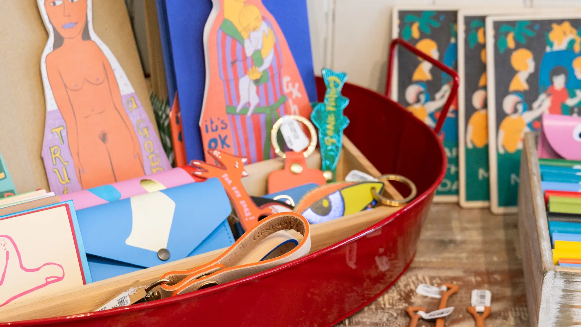 Greeting cards displayed on a shelf.