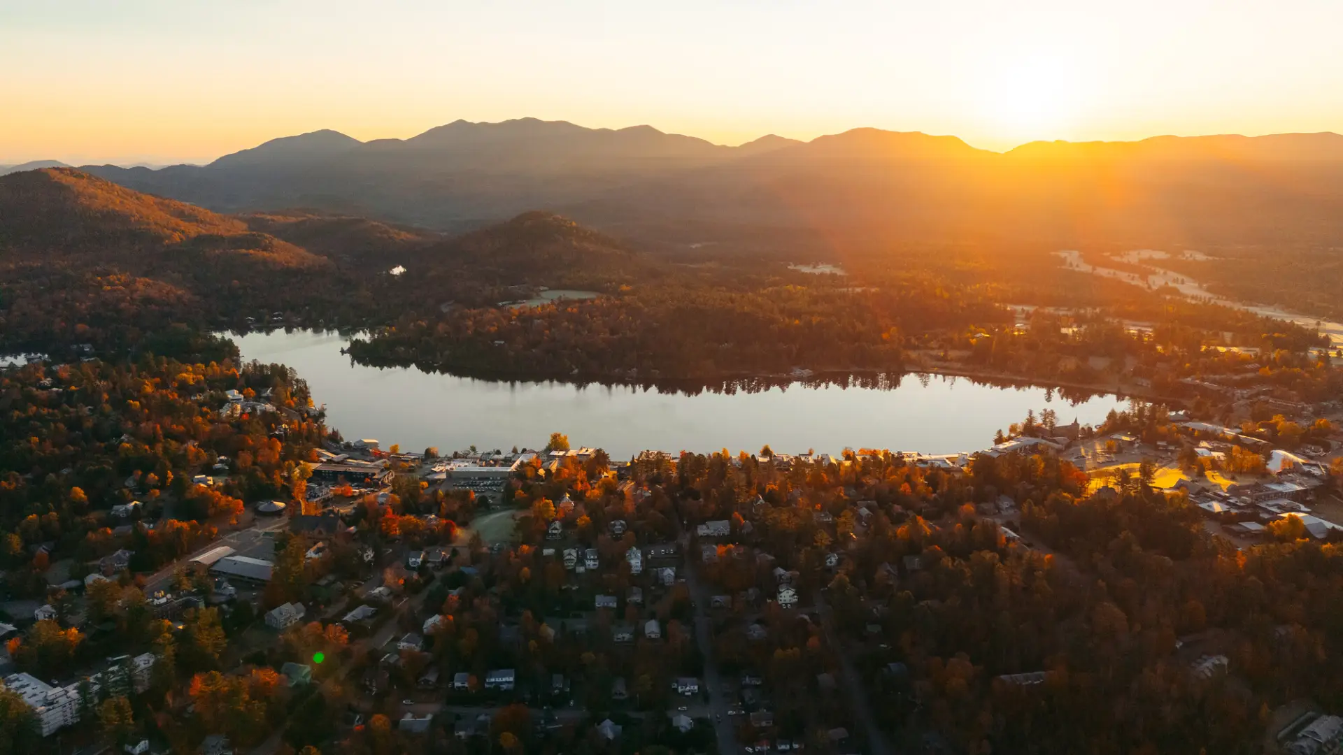 Aerial view of Mirror Lake in the fall.
