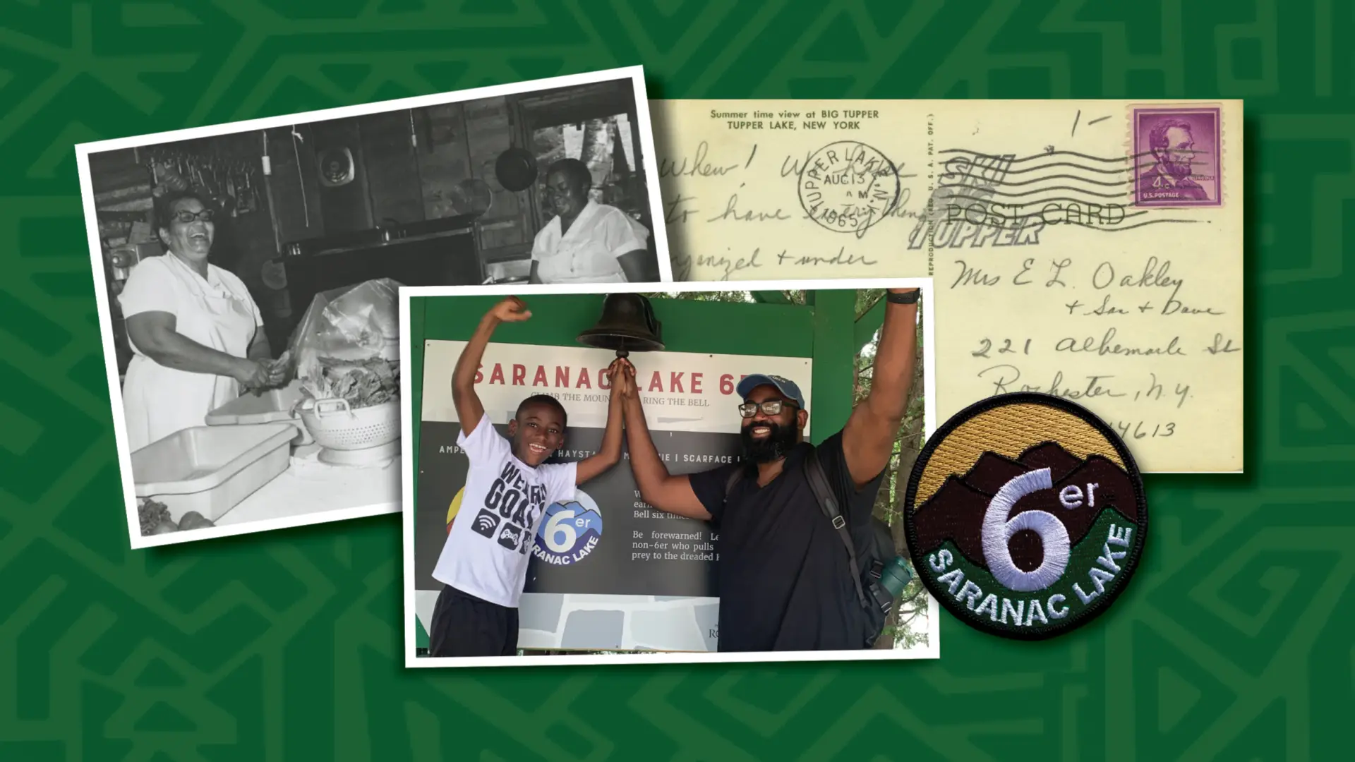 Collage of old and new images, a postcard, and a Saranac 6er patch over a green ADKX-branded background