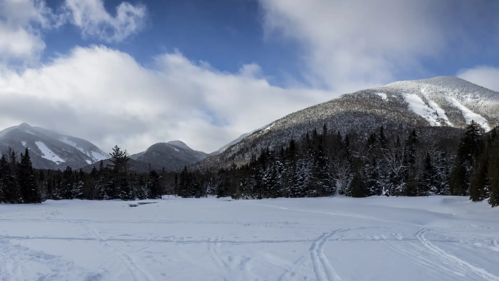 A view of the snow-covered Adirondack High Peaks