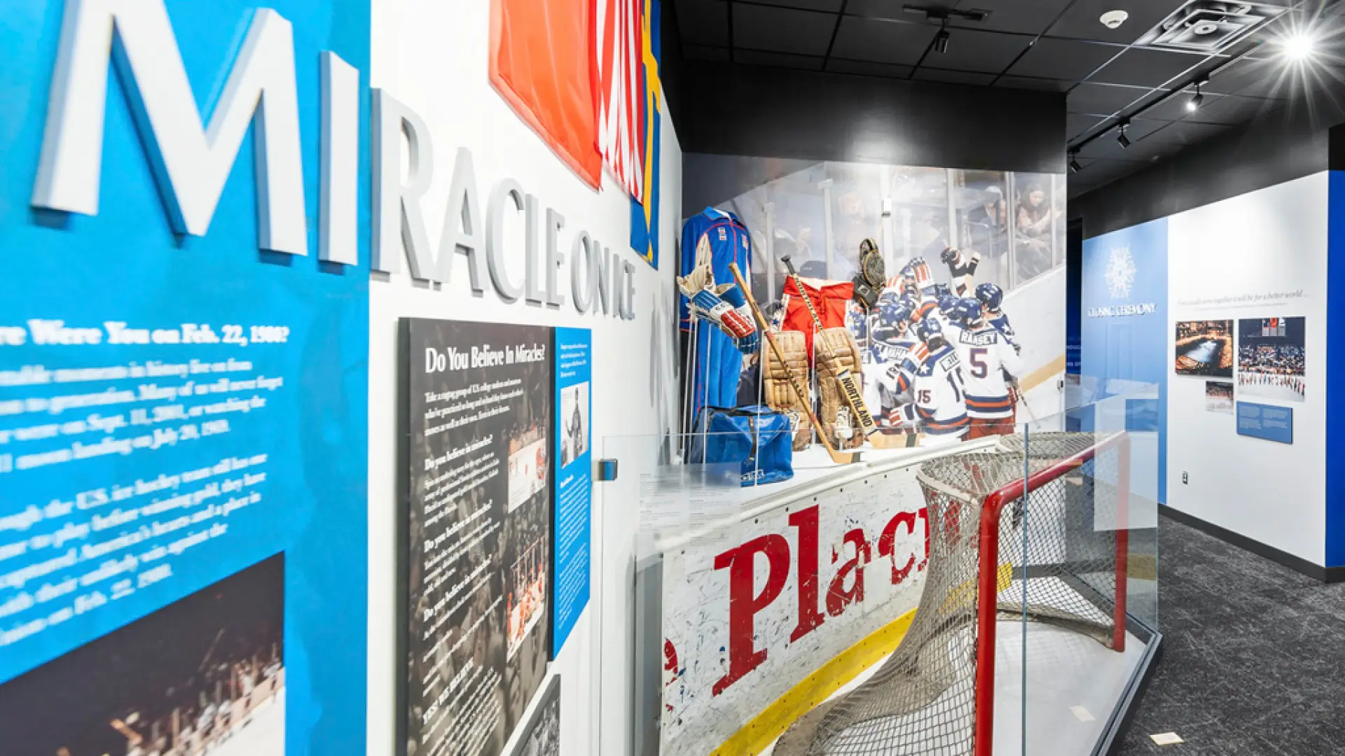 Interior view of Olympic museum including display of hockey net