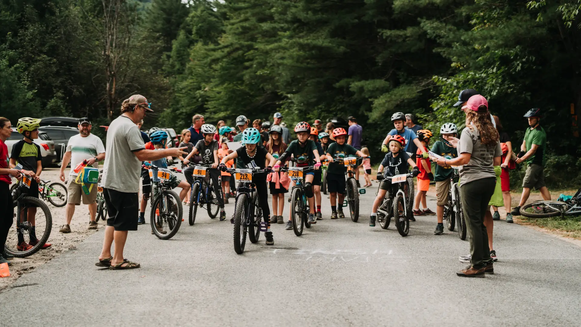 Kids line up for Mountain Bike race on bikes