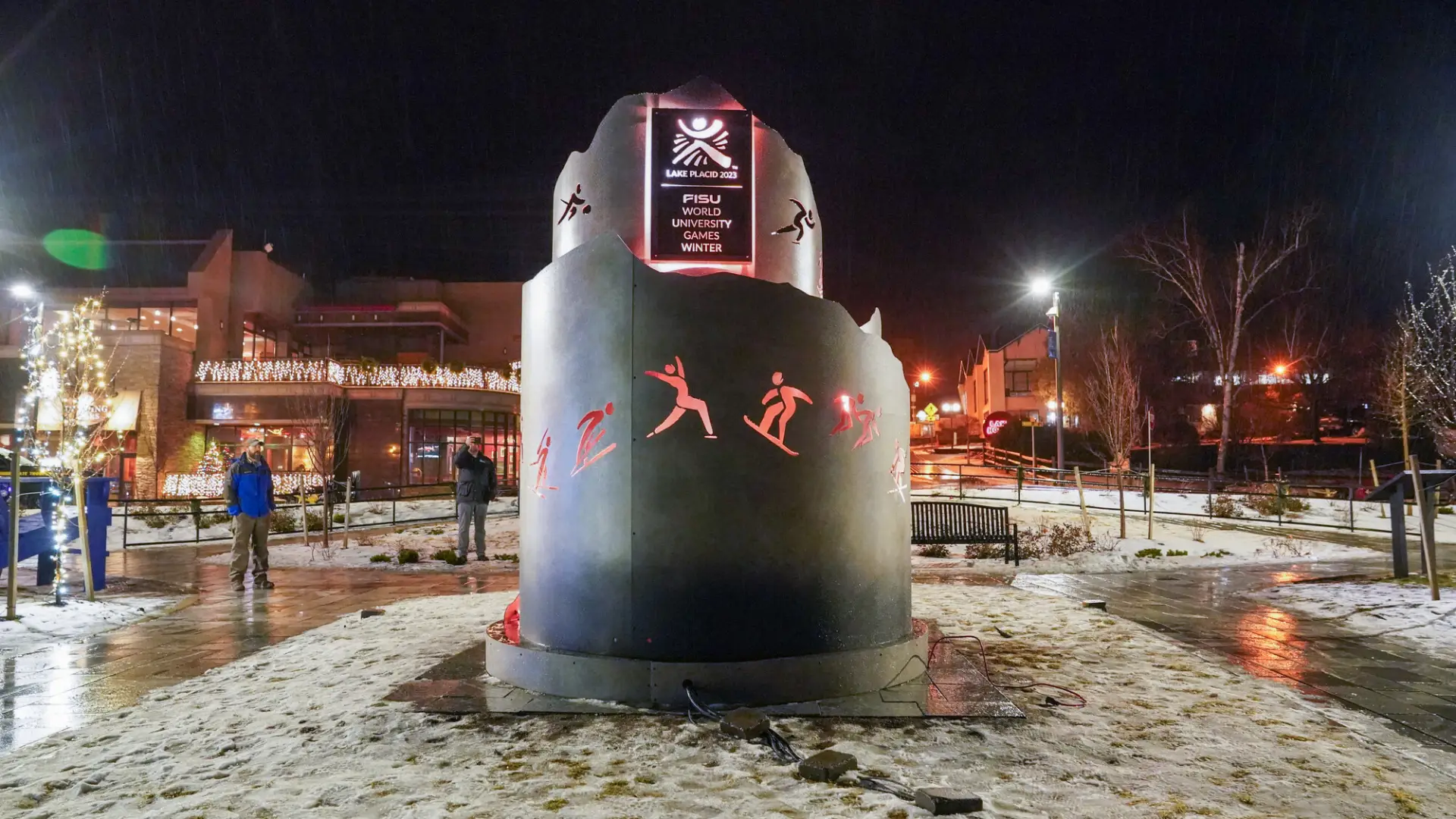FISU World University Games metal cauldron lit up during winter