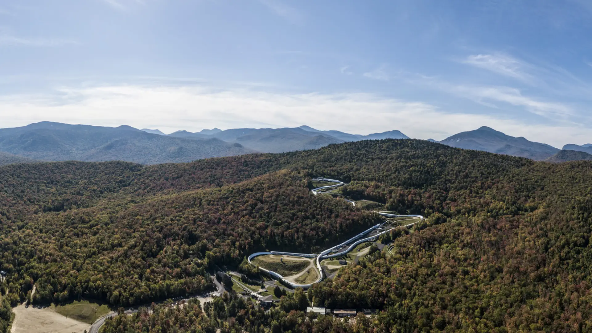 Aerial view of forest and the Mt. Van Hoevenberg Campus
