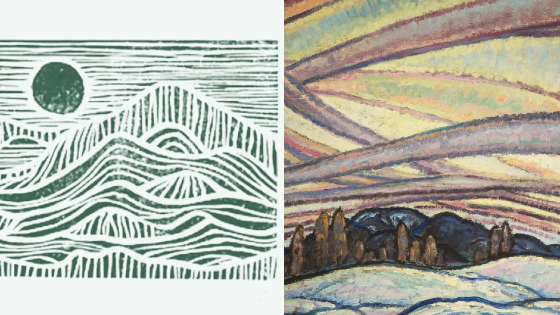 Side-by-side comparison of a stylized linocut print and an impressionistic painting, both depicting a landscape with mountains under a sky.