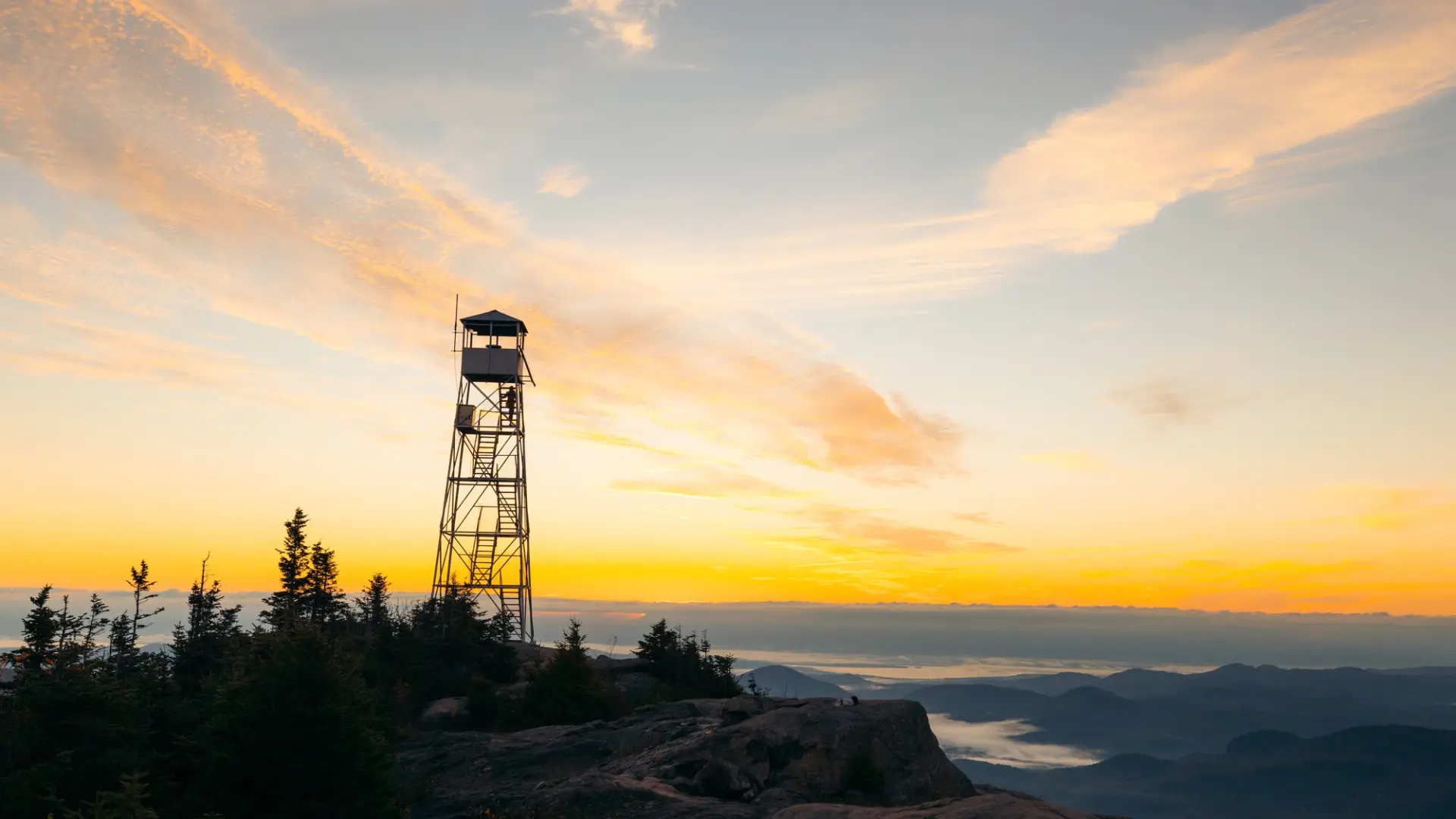 The Hurricane Mountain fire tower at sunset.