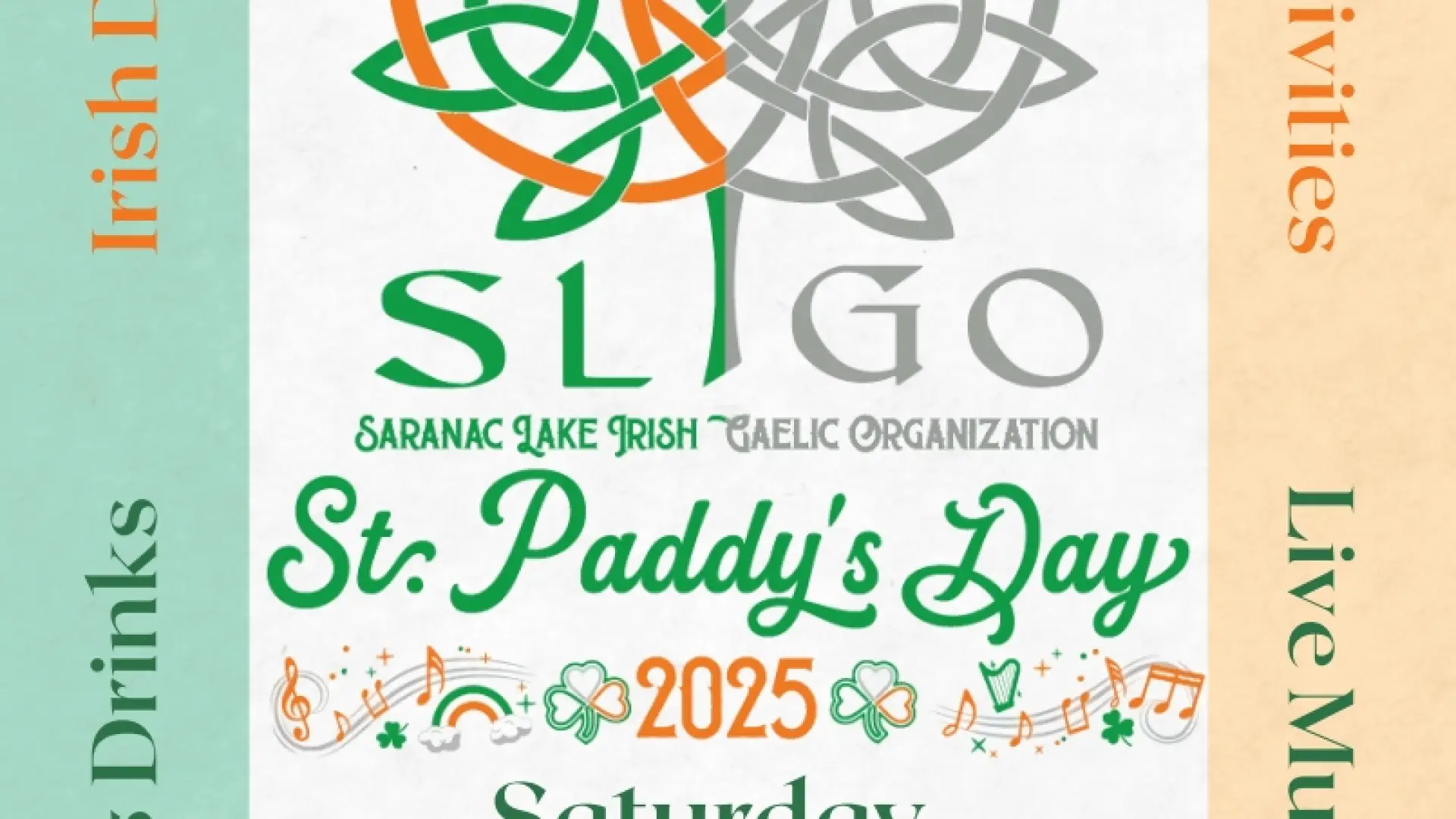 gaelic symbol poster with event details. St. Patrick's Day green and gold colors 