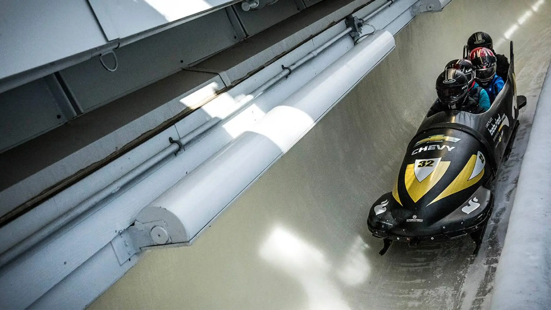Bobsled comes towards the finish line