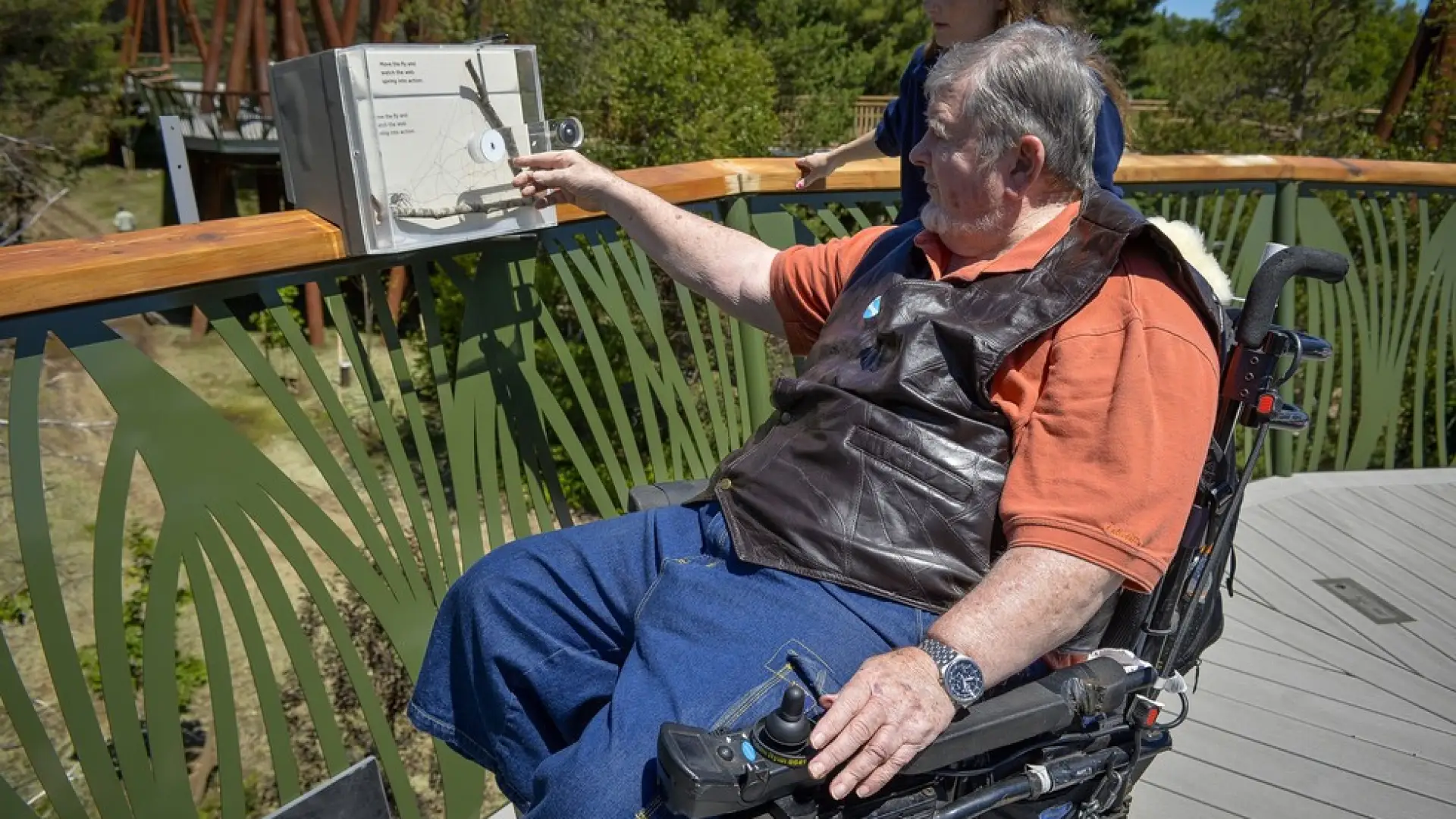 A man who uses a wheelchair stops along The Wild Walk to read a plaque