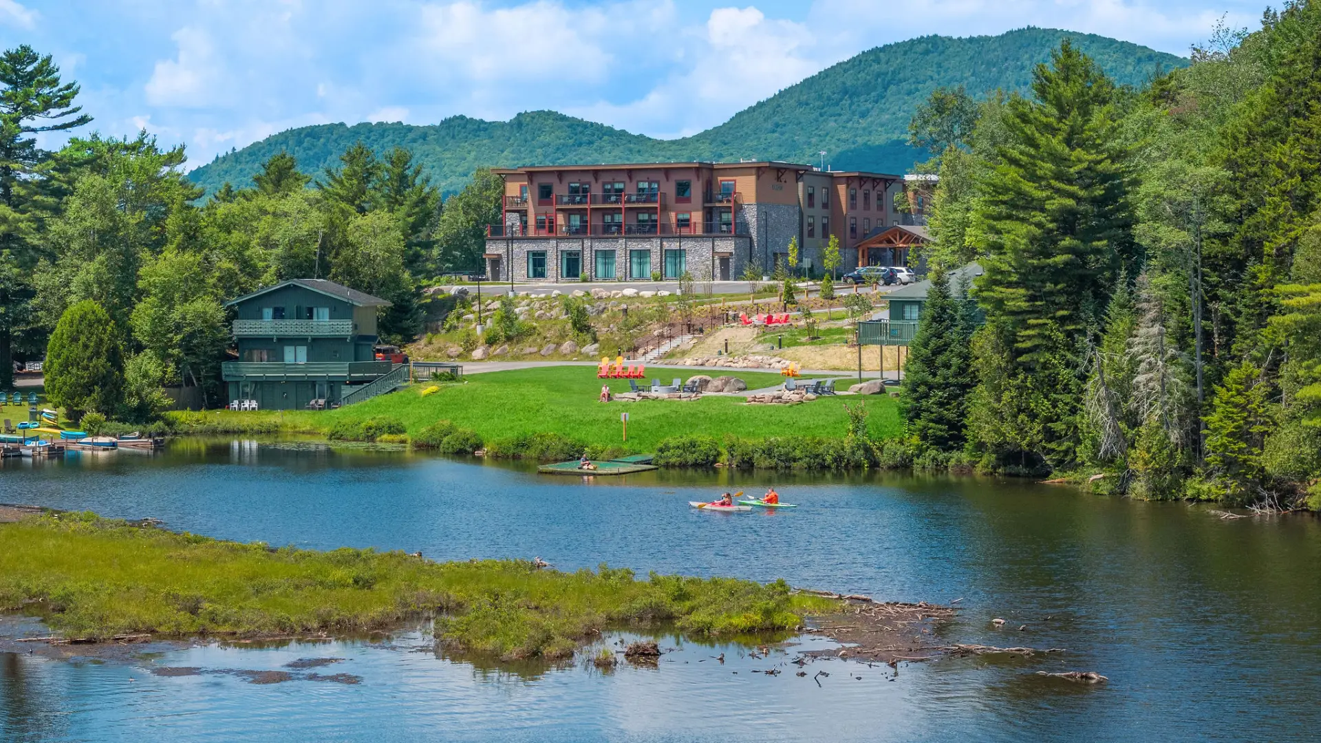 View of the beautiful new Cambria hotel from on Lake Placid