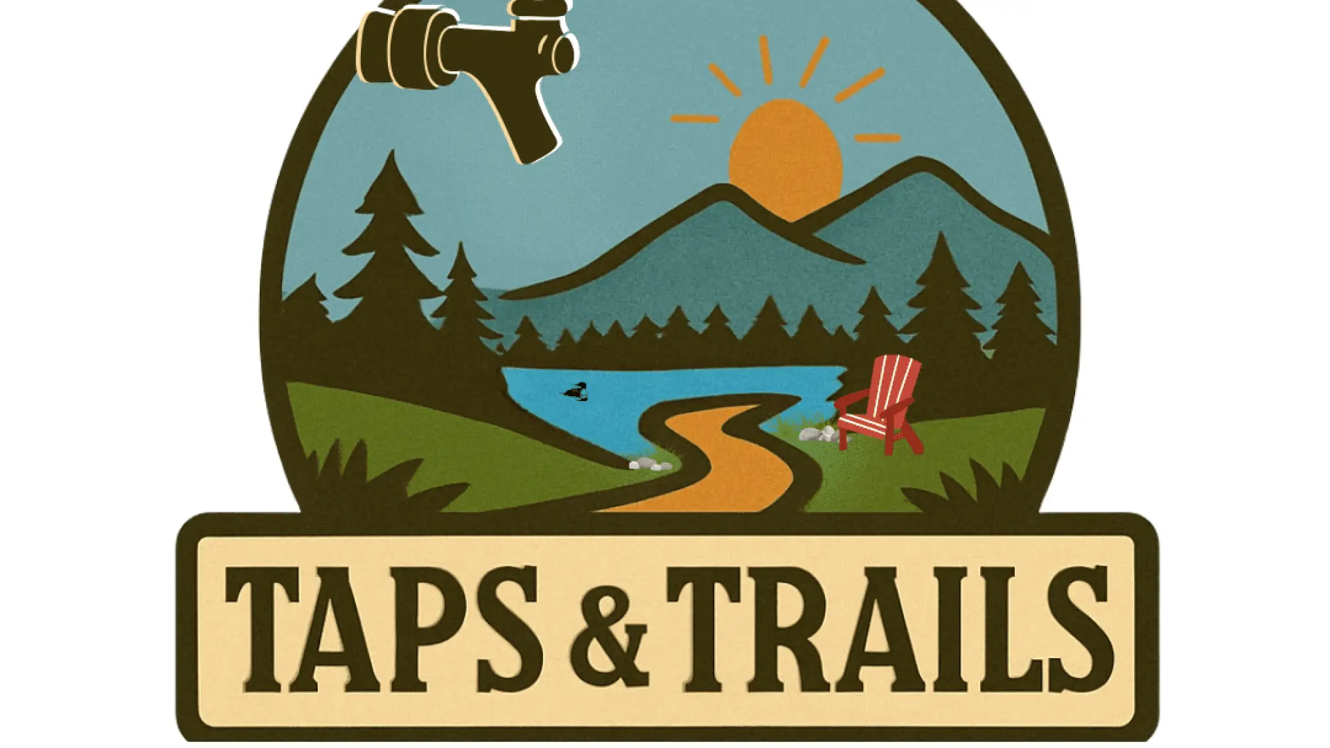 logo for the Taps and Trails Lake Placid Brewery Trail which has a circle with an illustration of mountains, lakes, a sun, tall trees and a golden path and floating beer tap in the corner.