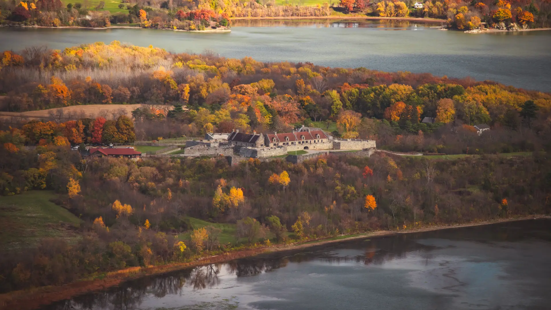 An aerial view of Fort Ticonderoga in the fall.