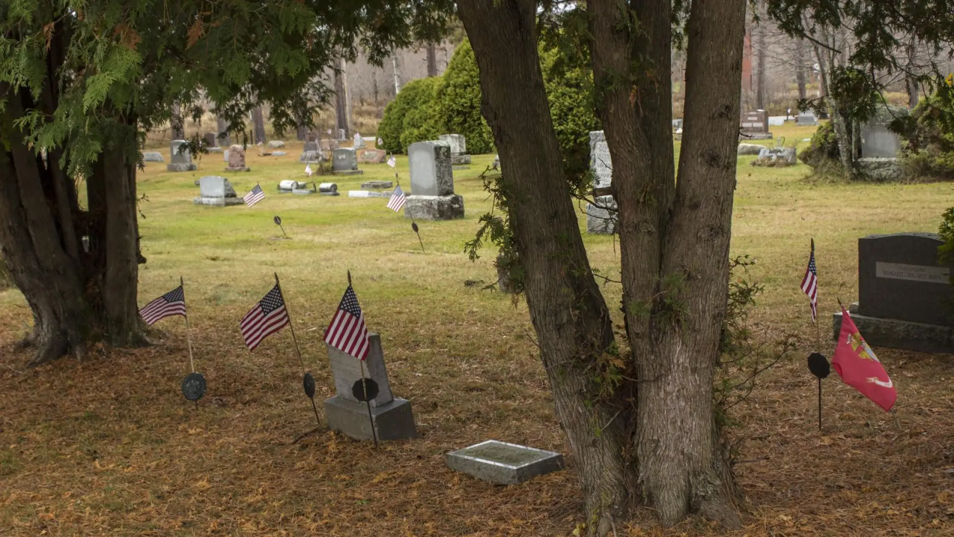 The North Elba Cemetery is filled with veterans flags