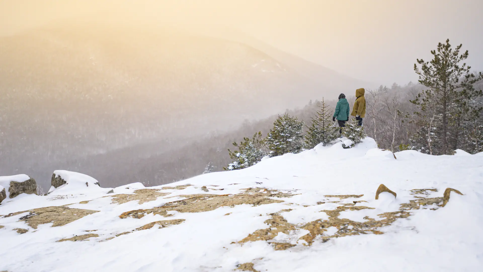 Two people on an open snowy summit