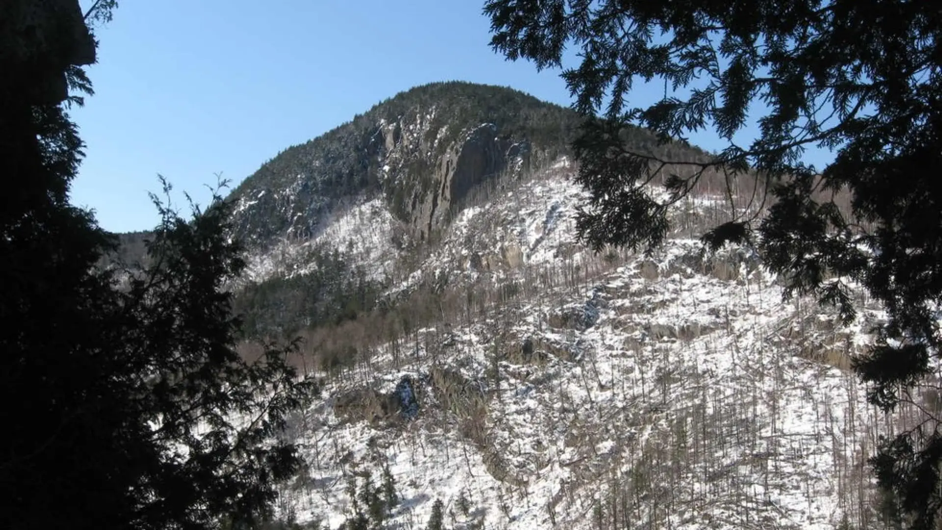 View from approach to Multiplication Gully of a snow-covered mountain