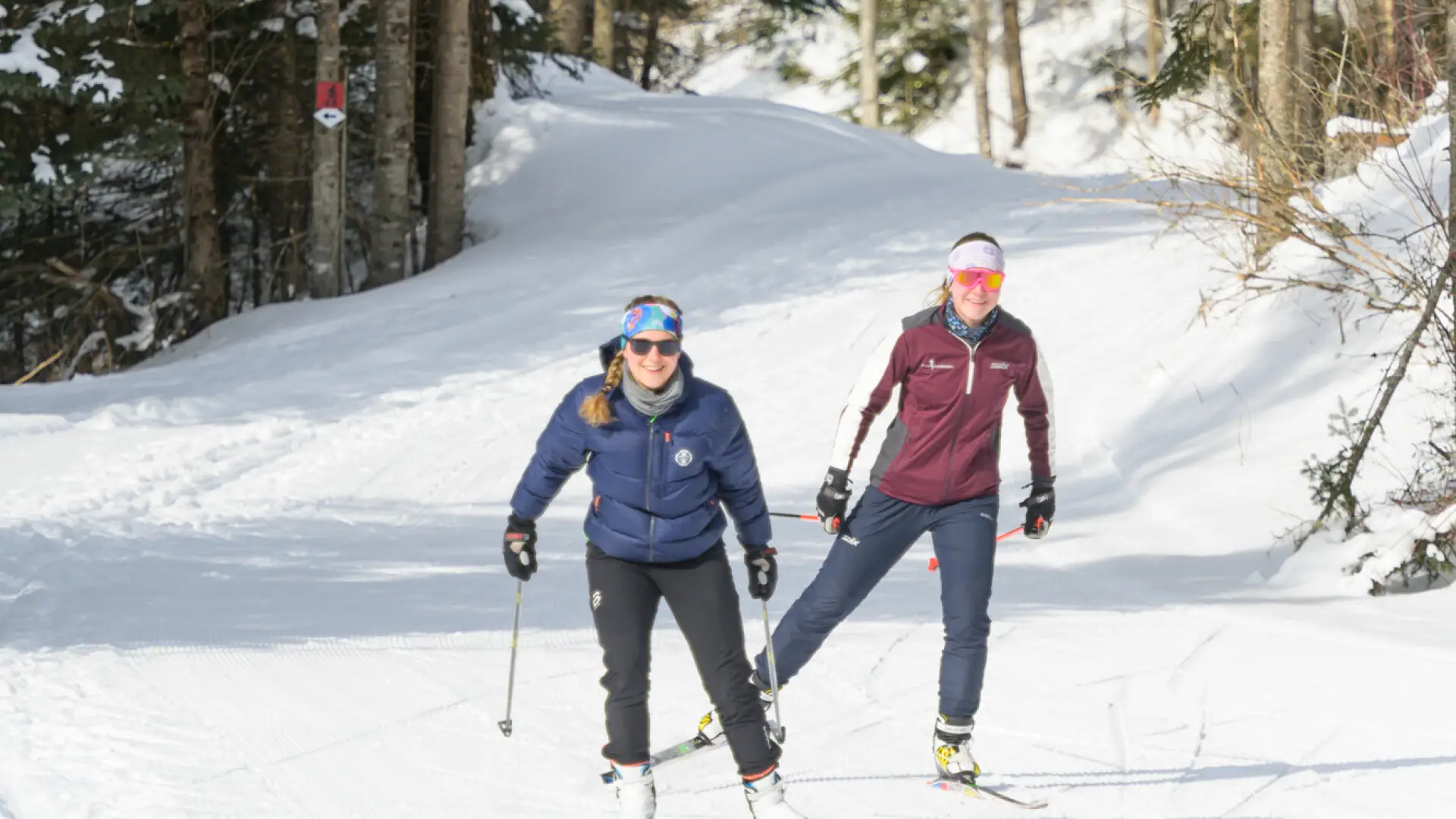 Two skiers ride through snow.