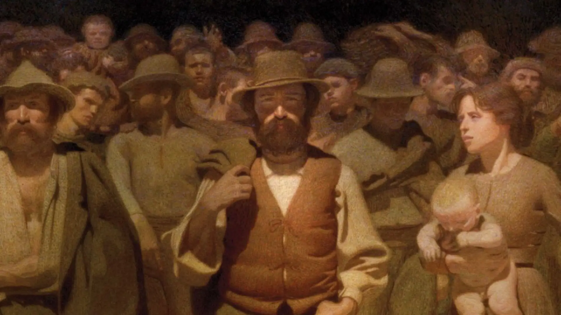 Painting of many people in period clothing with one man in suit and hat standing center