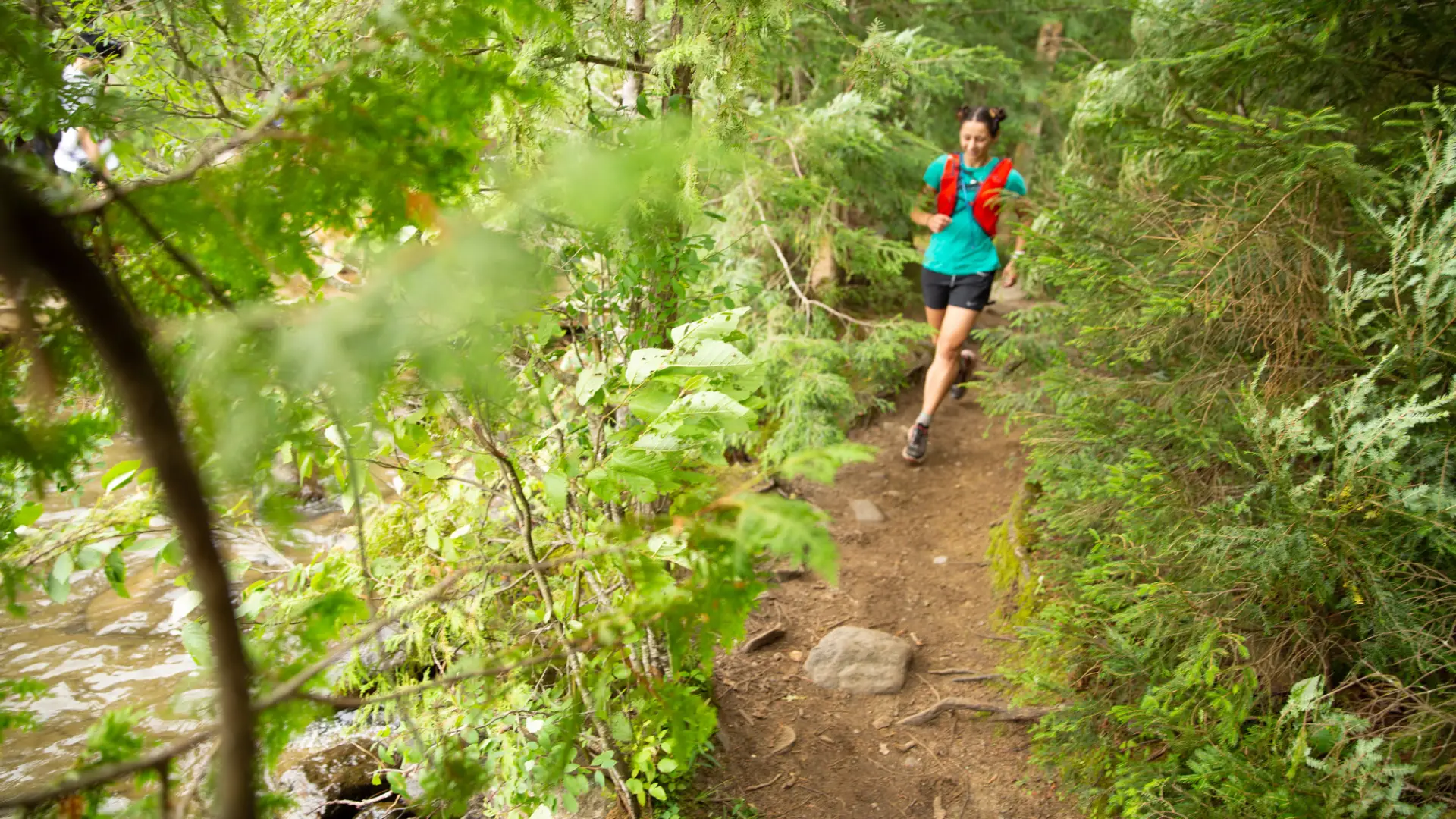A woman trail running down a path in the summer.