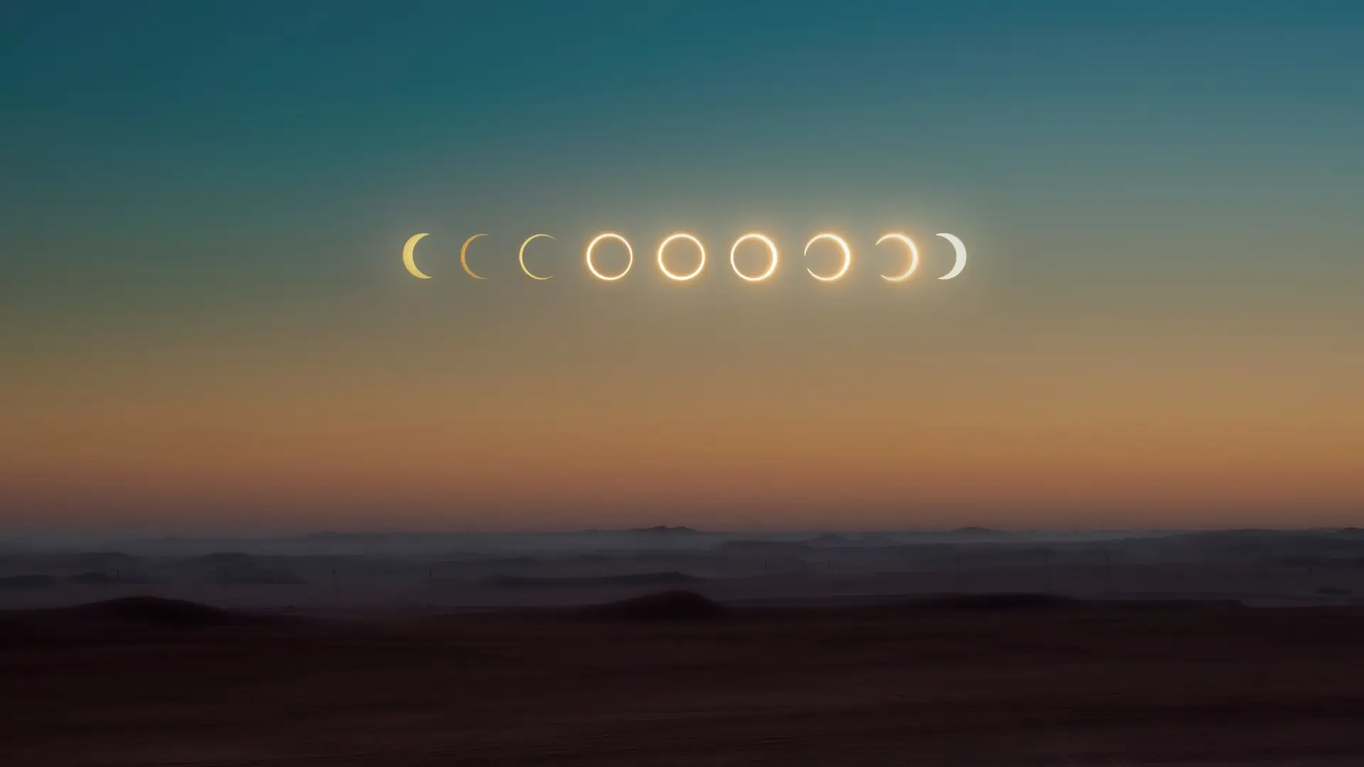 A composite image of the progression of a total solar eclipse.