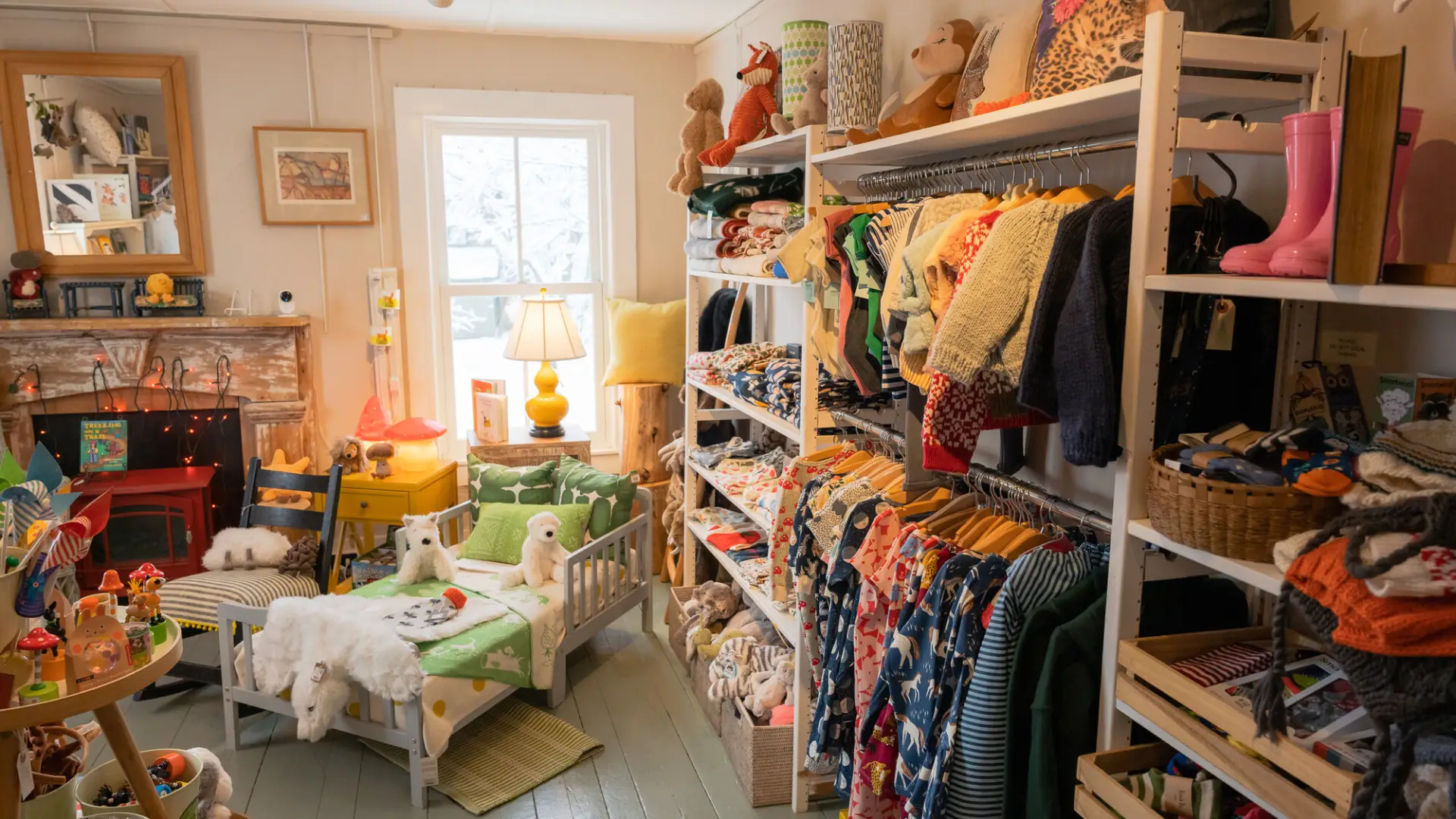 Adorable toys, plushies and colorful clothes fill the kids section