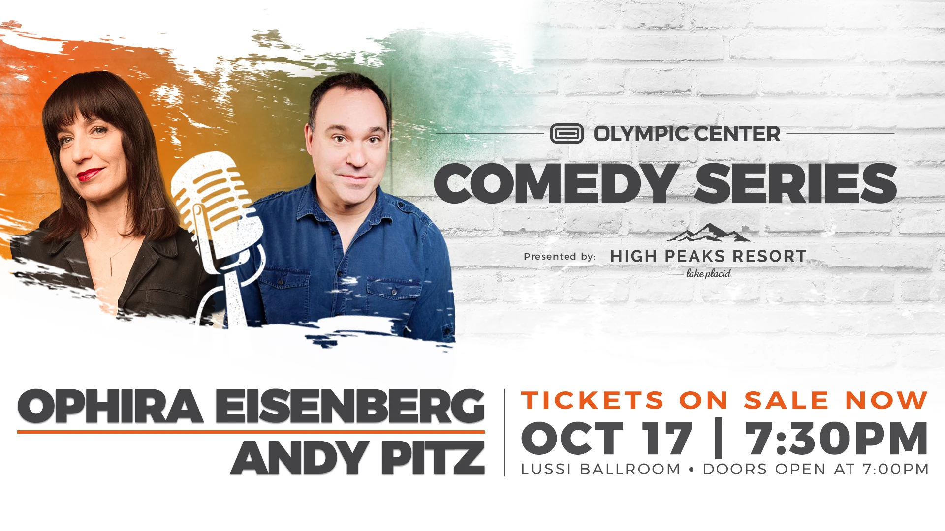 Header graphic with headshots of Ophira Eisenberg and Andy Pitz and information about their event at the Olympic Center