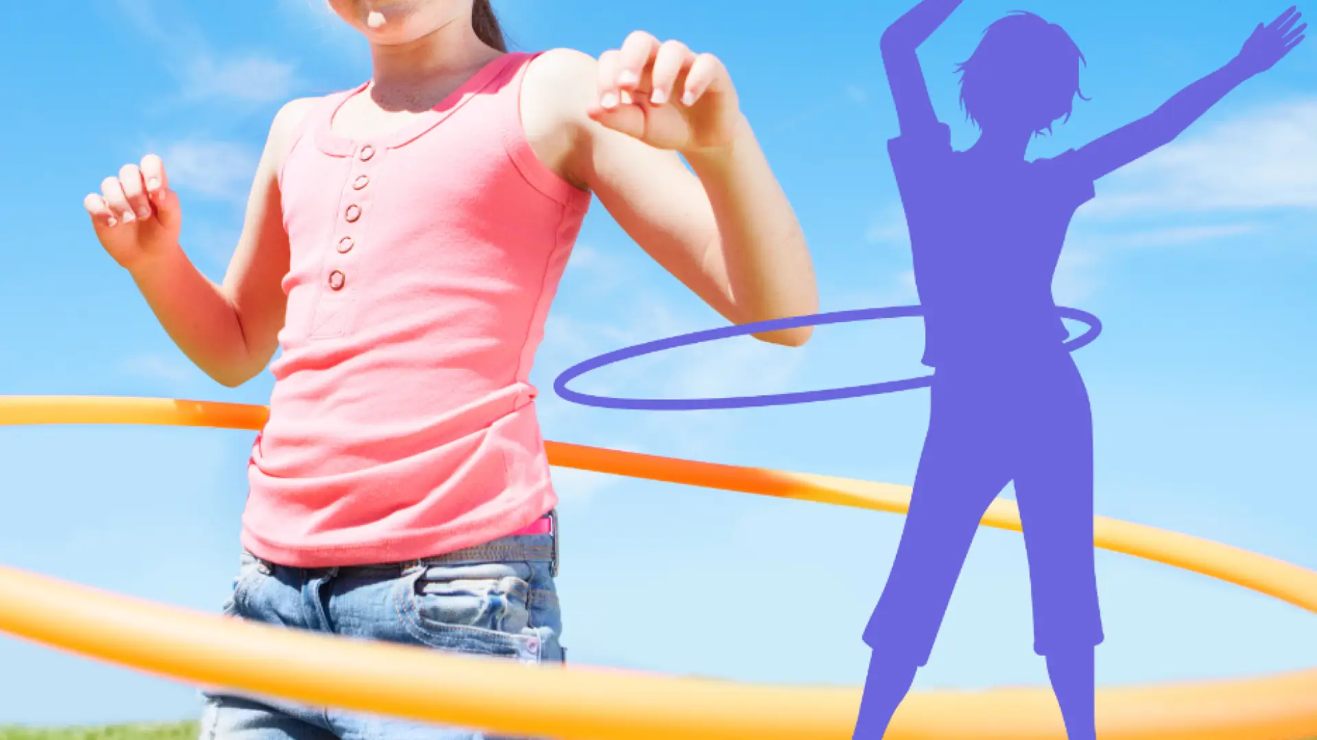 Girl hula hooping outdoors with a purple silhouette of a girl hula hooping superimposed over her.