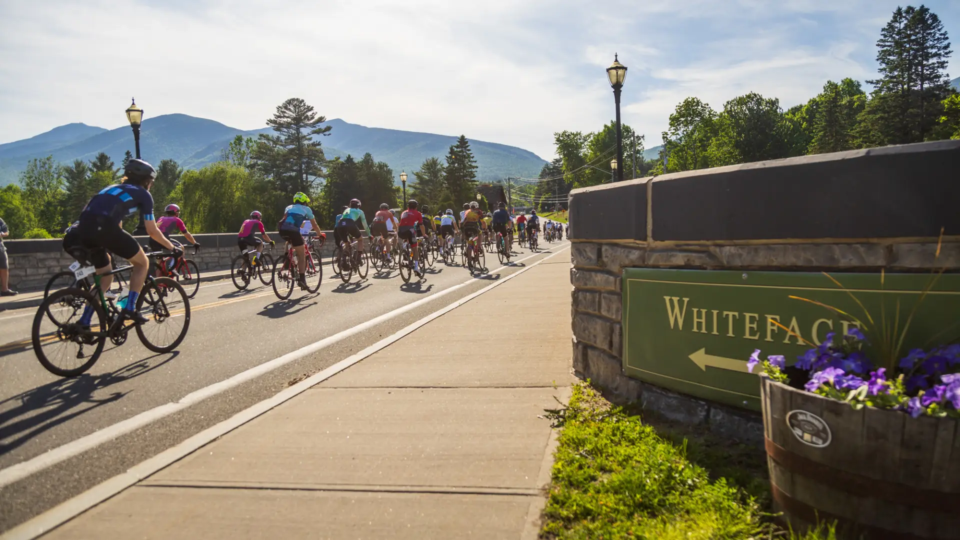A large group of cyclists rides across a bridge on a sunny day, passing a stone sign on the right that reads "WHITEFACE".